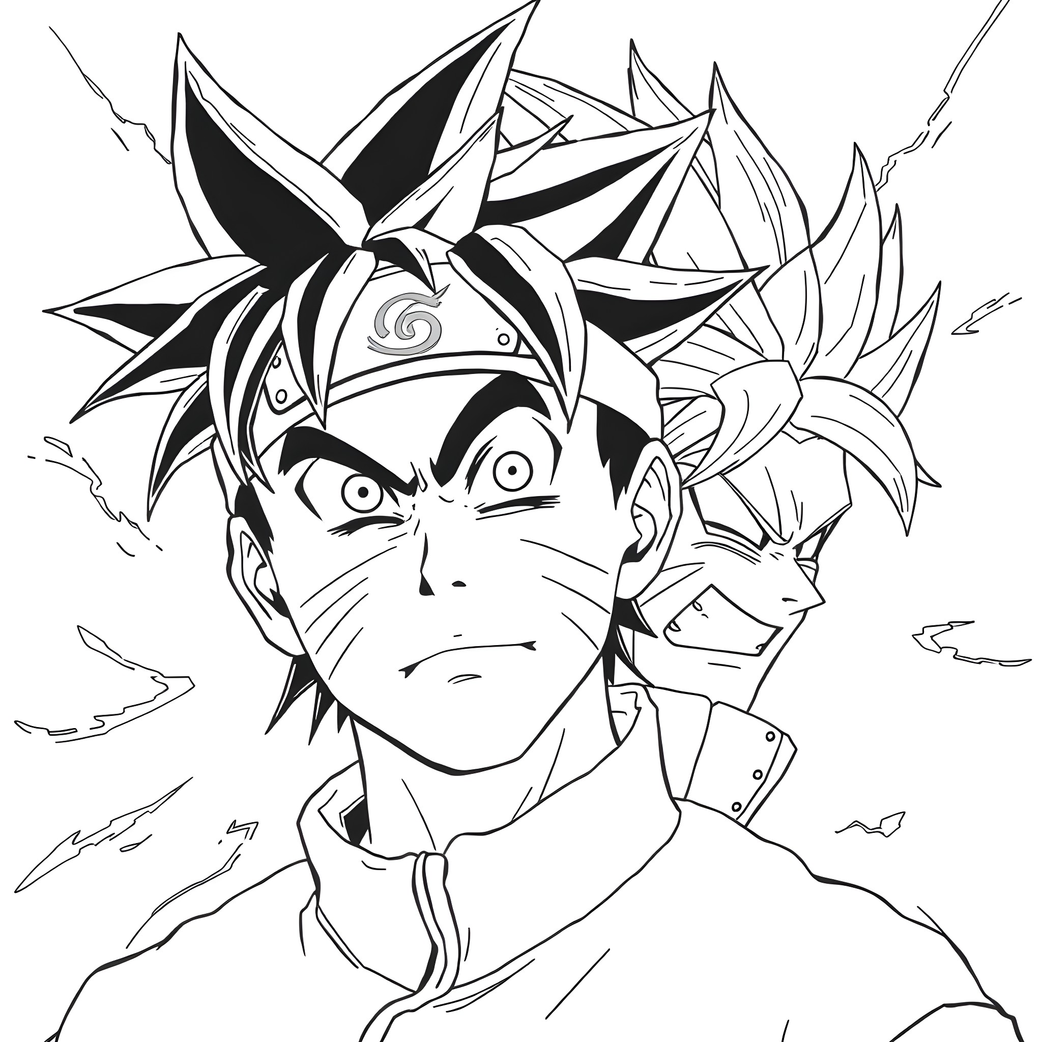 Naruto's determined expression in battle Coloring Page (free black-and-white line drawing printable PDF for all, from beginners to advanced learners, including children, teens, adults, and seniors)