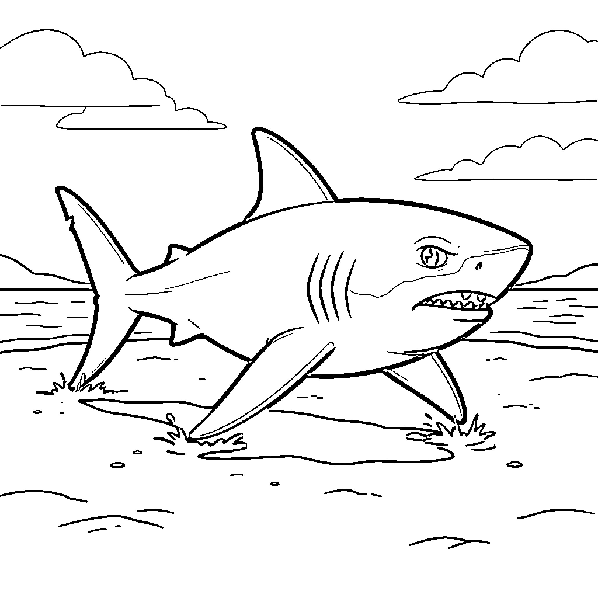 Shark hunting in the ocean Coloring Page (free black-and-white line drawing printable PDF for all, from beginners to advanced learners, including children, teens, adults, and seniors)
