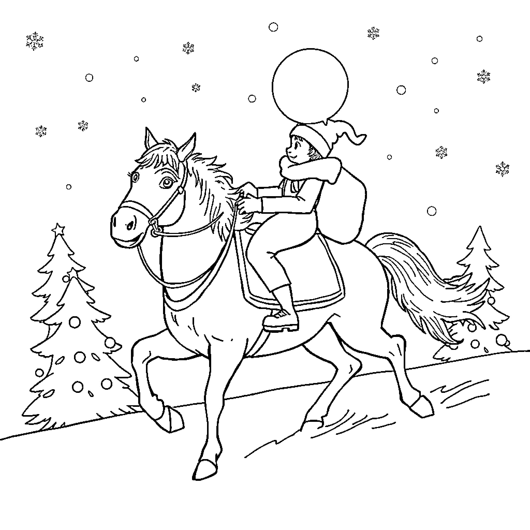 Renne riding a horse in the winter wonderland Coloring Page (free black-and-white line drawing printable PDF for all, from beginners to advanced learners, including children, teens, adults, and seniors)