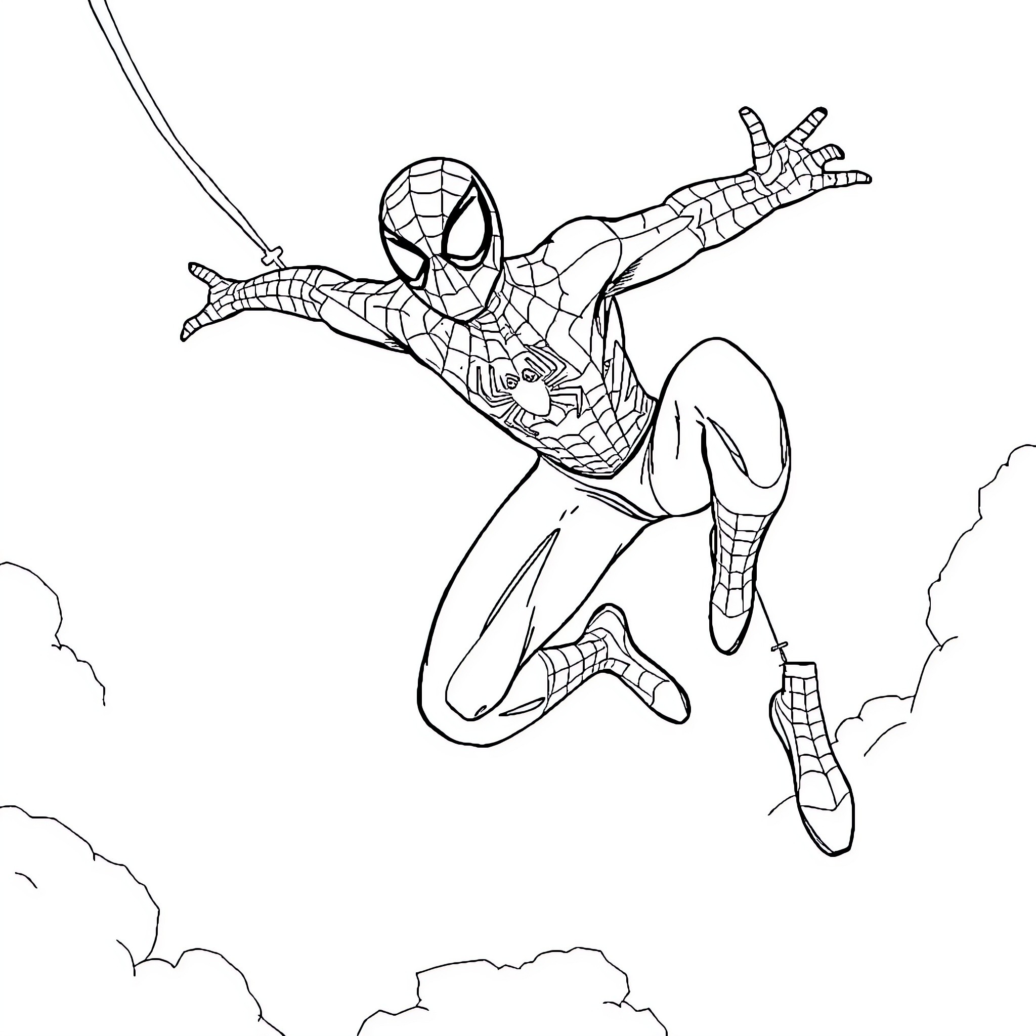 Spiderman swinging through the air with web Coloring Page (free black-and-white line drawing printable PDF for all, from beginners to advanced learners, including children, teens, adults, and seniors)