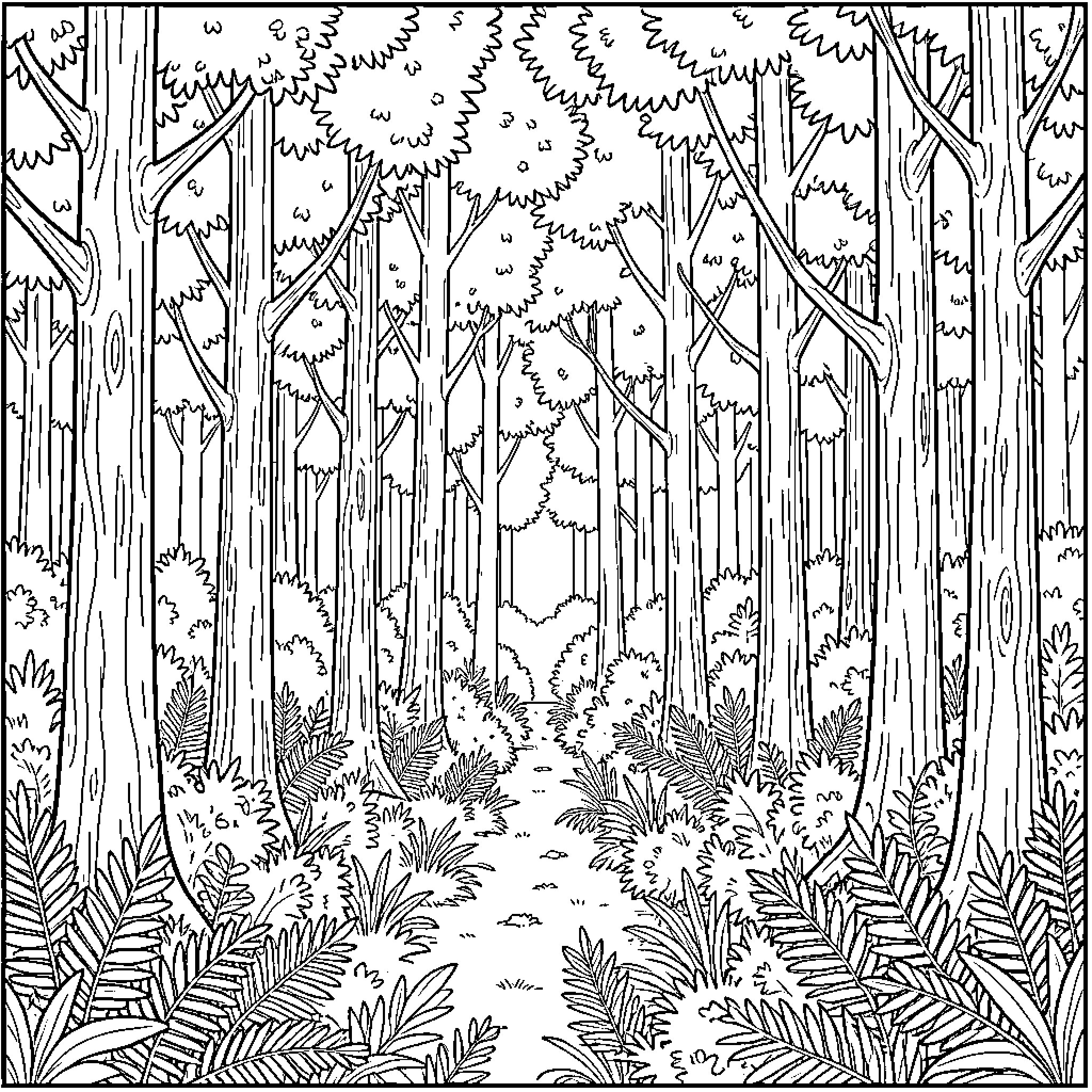 Forest path winding through dense trees and ferns Coloring Page (free black-and-white line drawing printable PDF for all, from beginners to advanced learners, including children, teens, adults, and seniors)