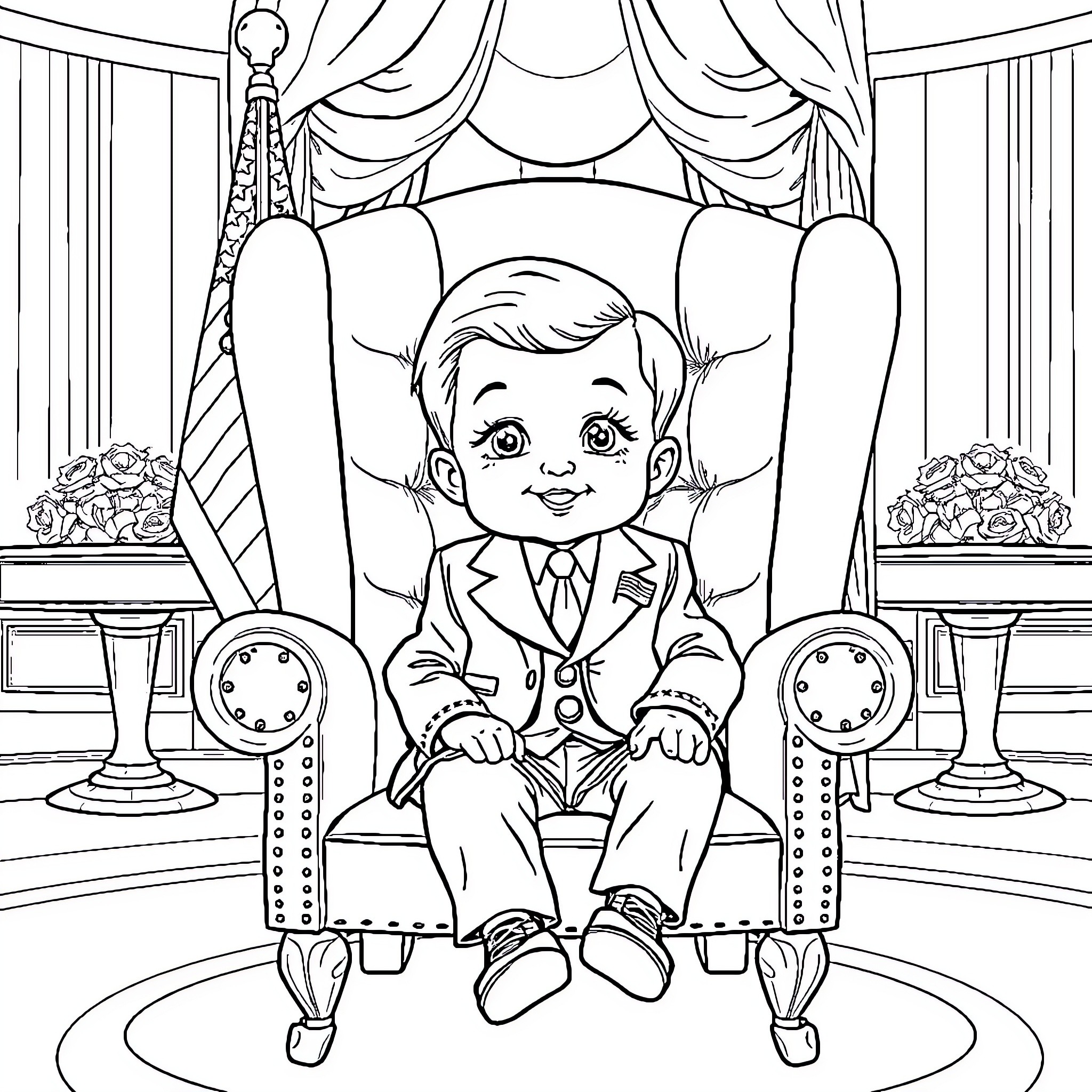 Baby President sitting on a throne in an elegant room Coloring Page (free black-and-white line drawing printable PDF for all, from beginners to advanced learners, including children, teens, adults, and seniors)