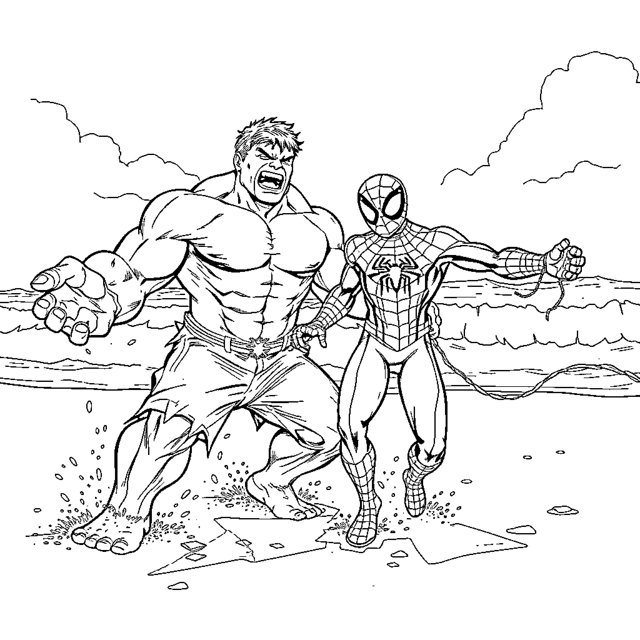 Hulk and Spider-Man Battling Together Coloring Page (free black-and-white line drawing printable PDF for all, from beginners to advanced learners, including children, teens, adults, and seniors)