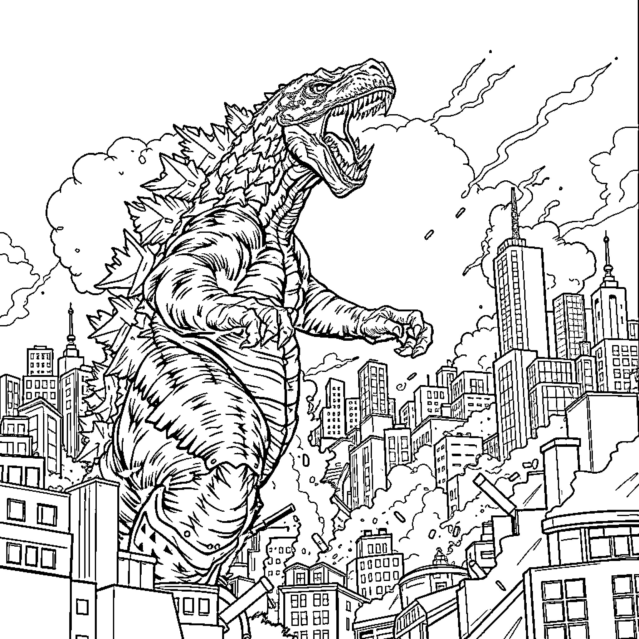Godzilla rampaging through the city Coloring Page (free black-and-white line drawing printable PDF for all, from beginners to advanced learners, including children, teens, adults, and seniors)