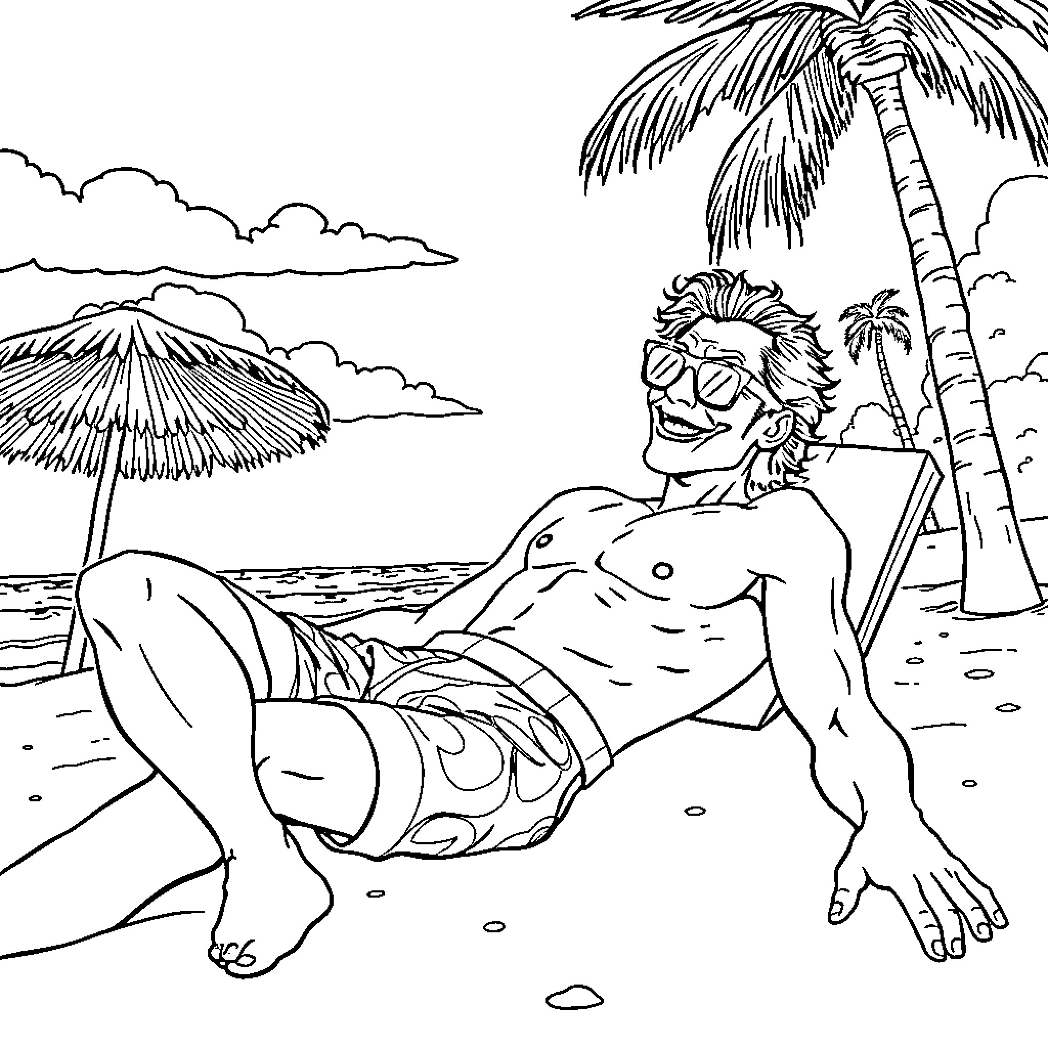 Joker Relaxing on the Tropical Beach Coloring Page (free black-and-white line drawing printable PDF for all, from beginners to advanced learners, including children, teens, adults, and seniors)