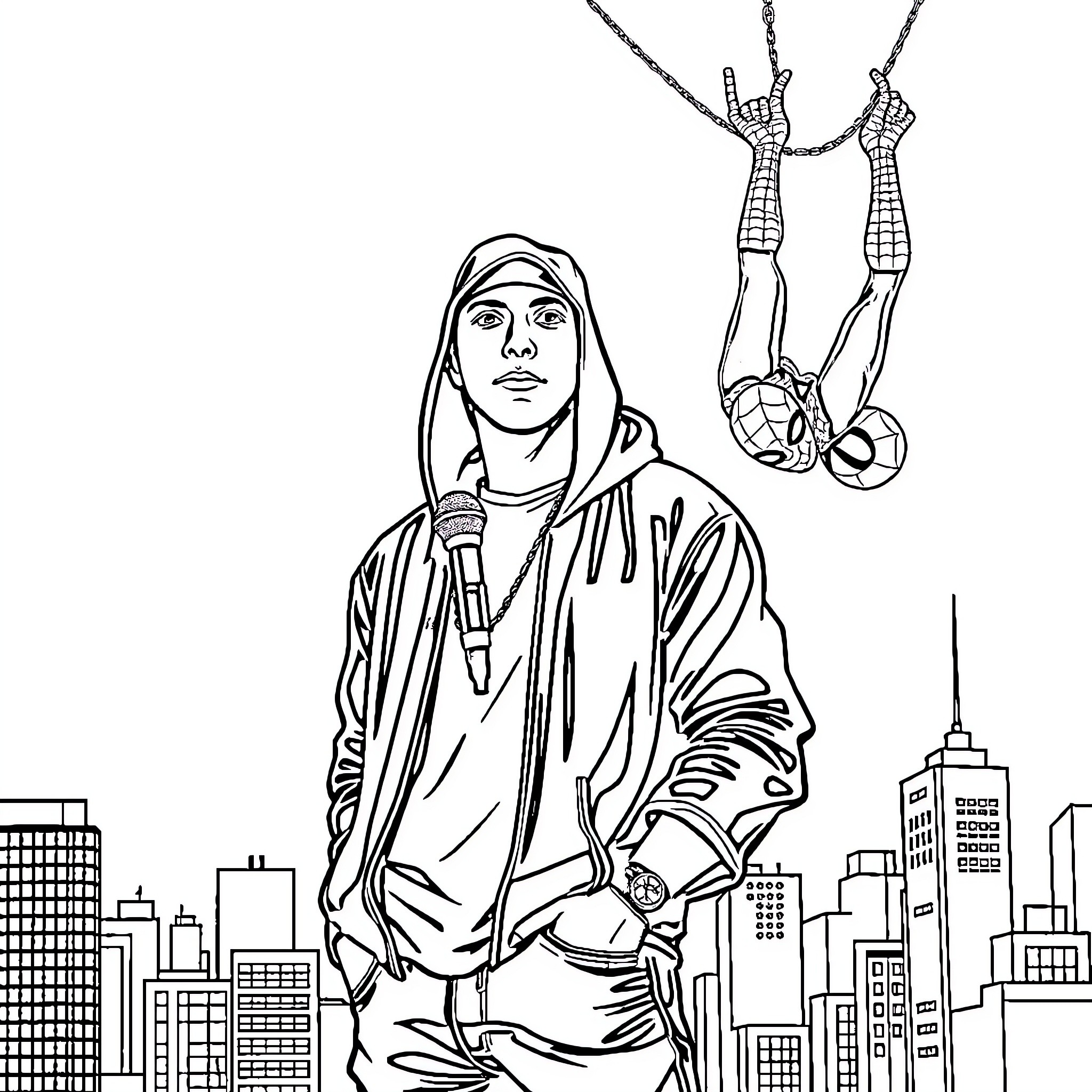 Eminem performing on stage with urban cityscape Coloring Page (free black-and-white line drawing printable PDF for all, from beginners to advanced learners, including children, teens, adults, and seniors)