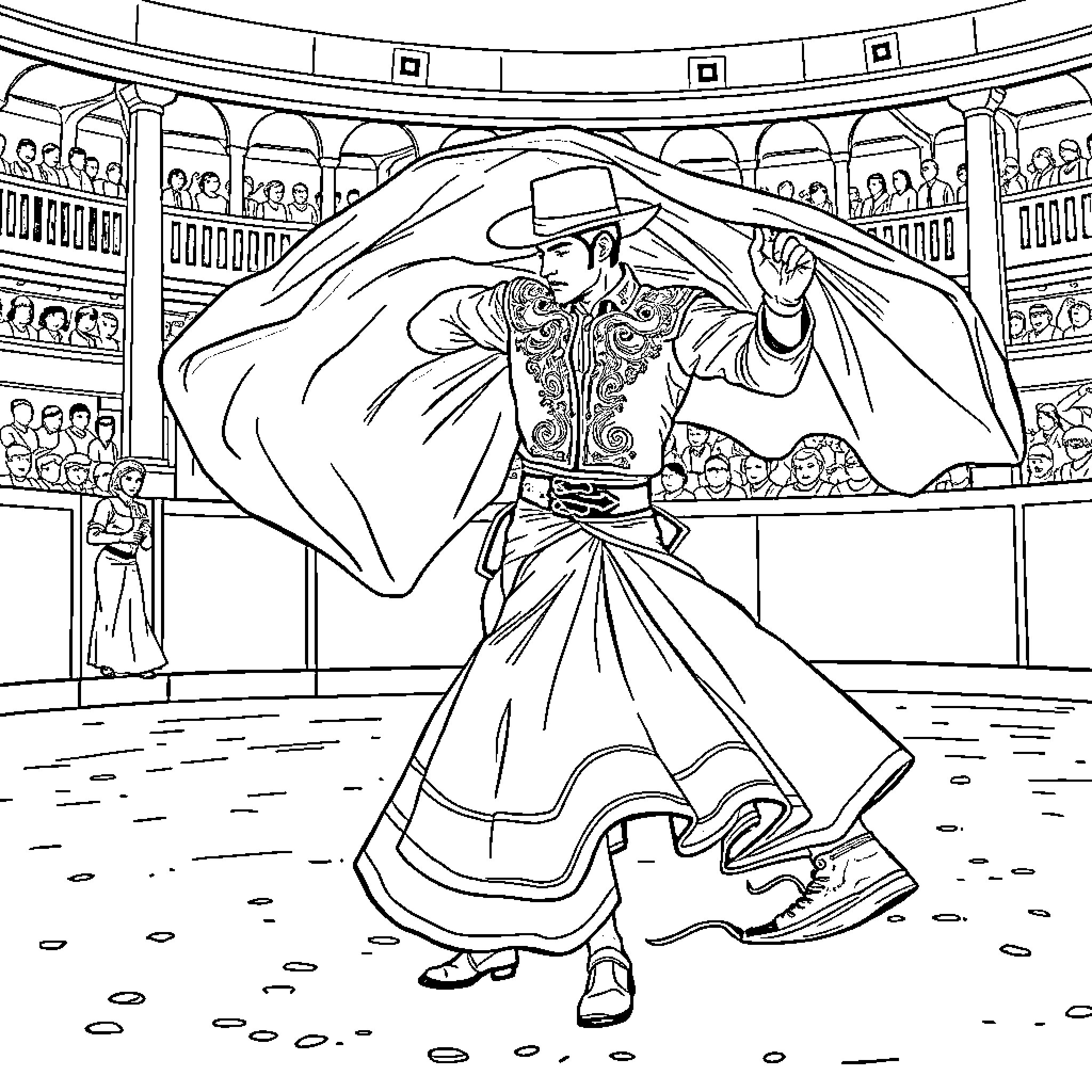 Torero performing dramatic dance in the arena Coloring Page (free black-and-white line drawing printable PDF for all, from beginners to advanced learners, including children, teens, adults, and seniors)