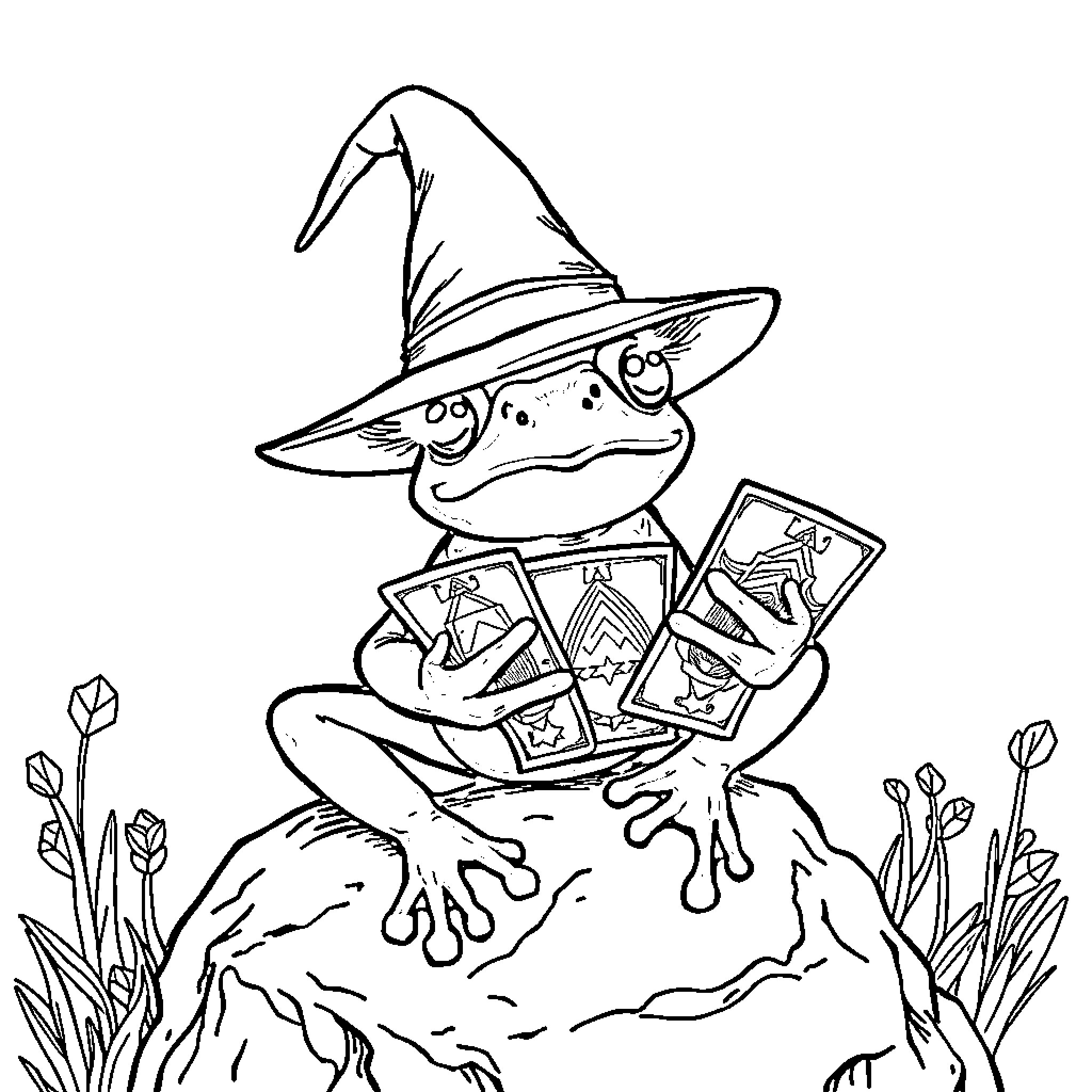 Frog Wizard Casting Spells on a Rock Coloring Page (free black-and-white line drawing printable PDF for all, from beginners to advanced learners, including children, teens, adults, and seniors)