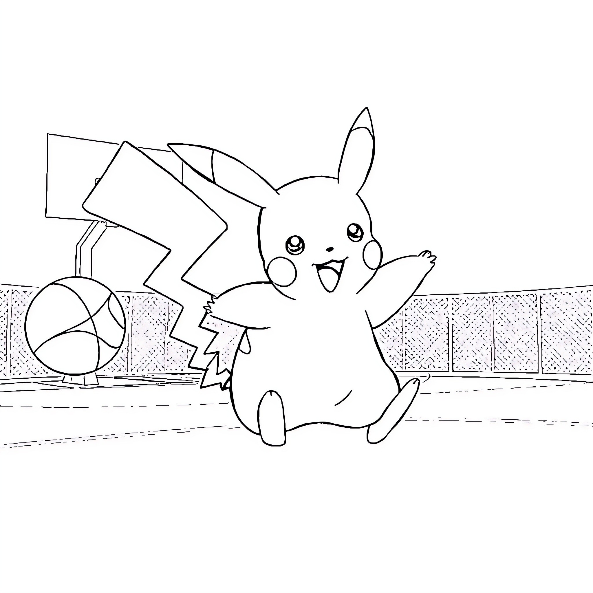 Pikachu playing with ball on the field Coloring Page (free black-and-white line drawing printable PDF for all, from beginners to advanced learners, including children, teens, adults, and seniors)