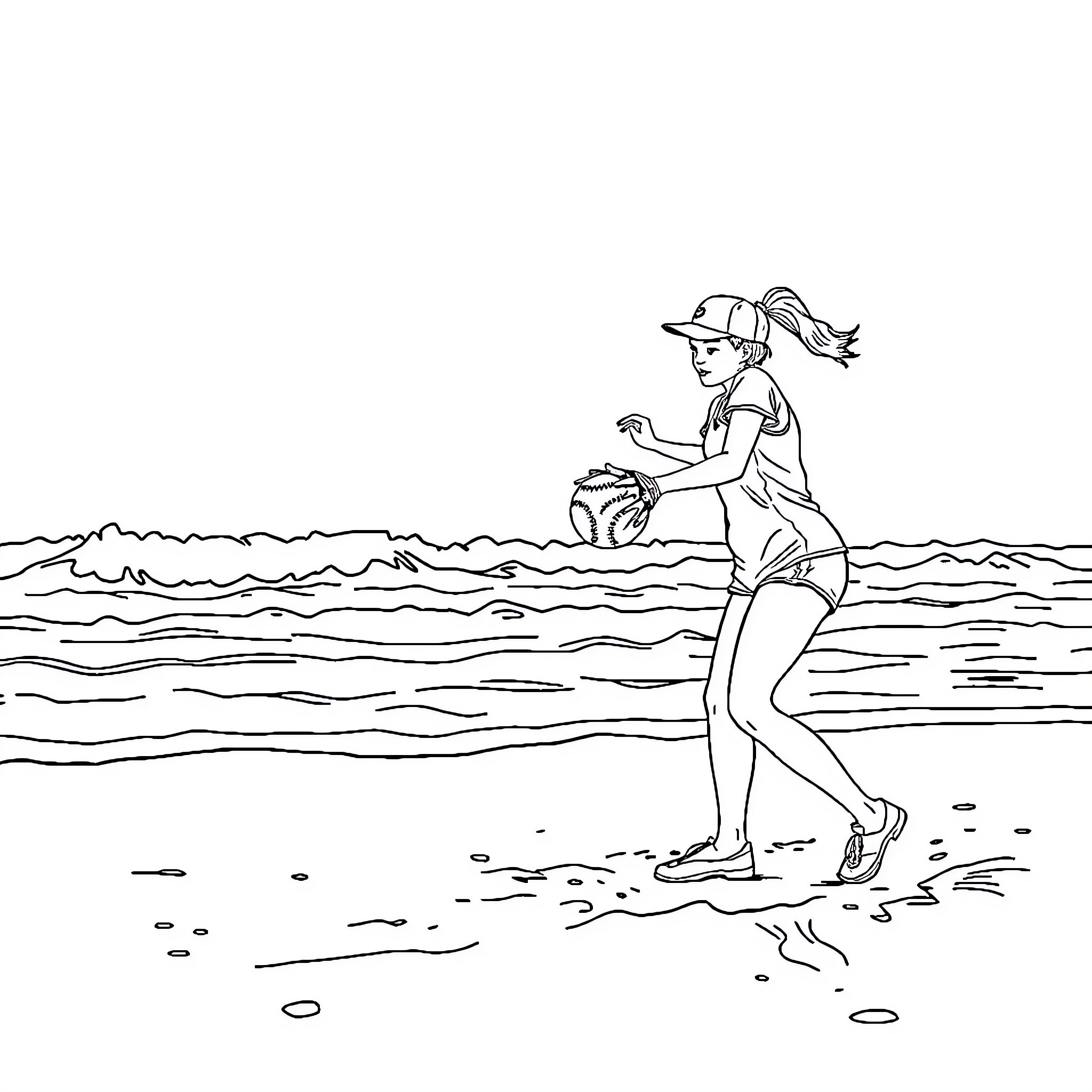 Softball Player Fielding a Ground Ball on the Beach Coloring Page (free black-and-white line drawing printable PDF for all, from beginners to advanced learners, including children, teens, adults, and seniors)