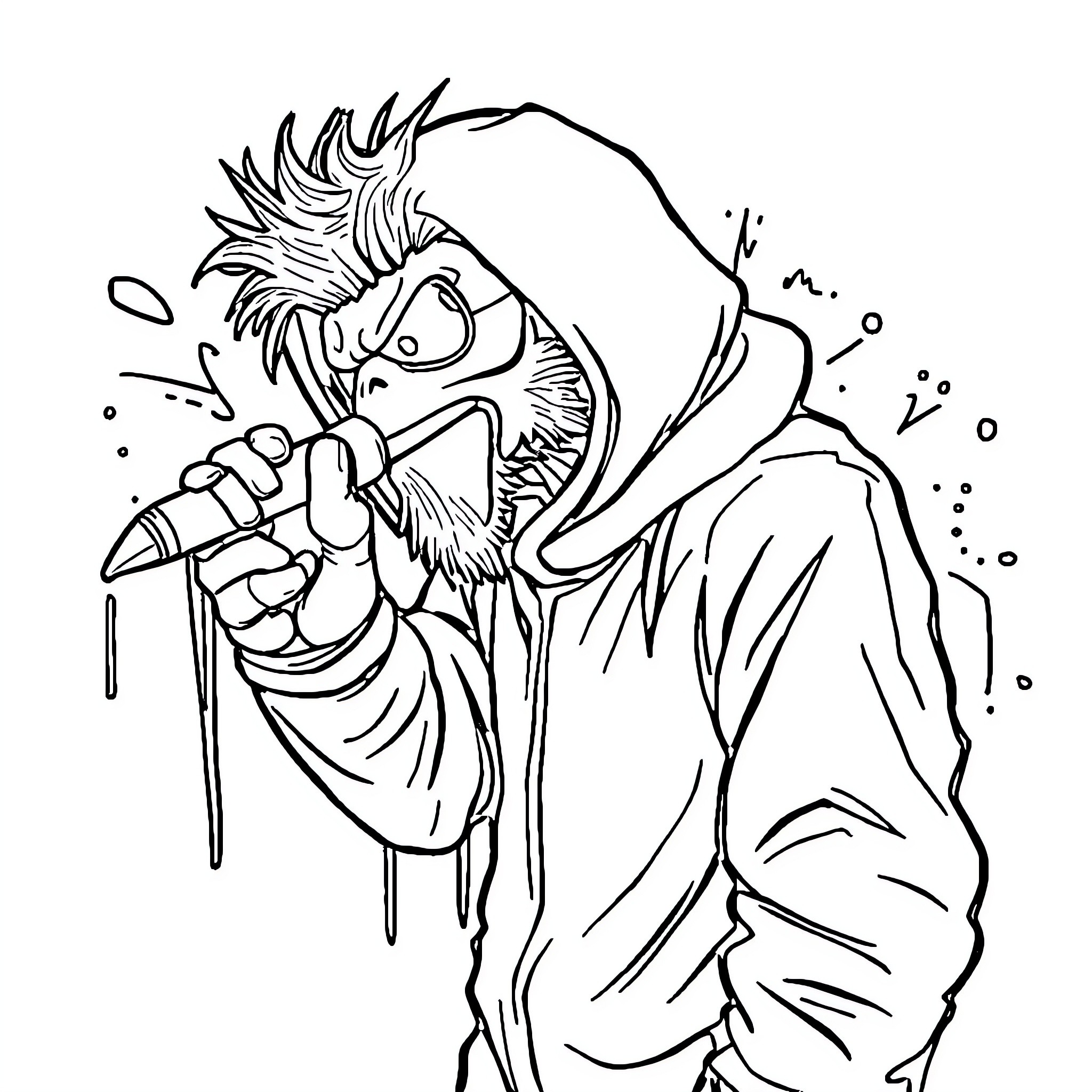 Rapper performing energetically on stage Coloring Page (free black-and-white line drawing printable PDF for all, from beginners to advanced learners, including children, teens, adults, and seniors)