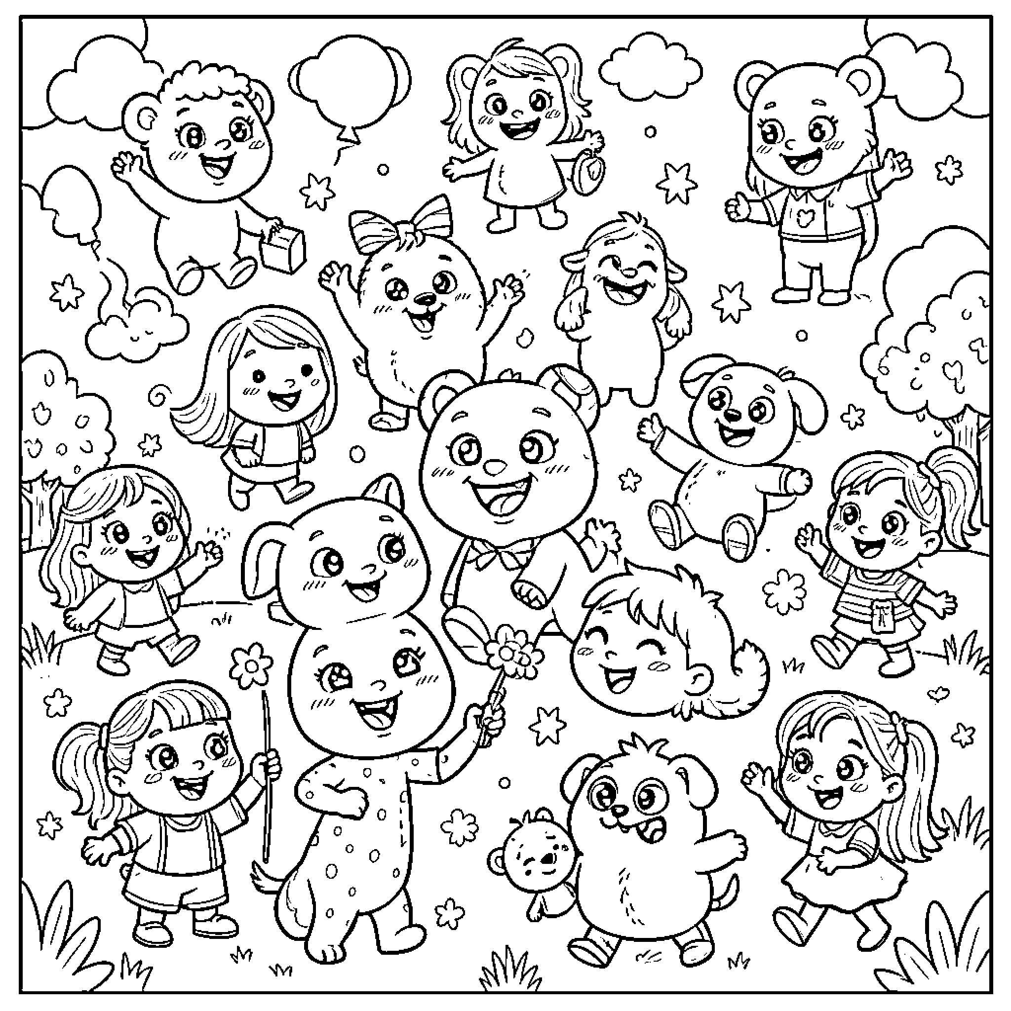 Big Stitch collection of happy children and animals Coloring Page (free black-and-white line drawing printable PDF for all, from beginners to advanced learners, including children, teens, adults, and seniors)