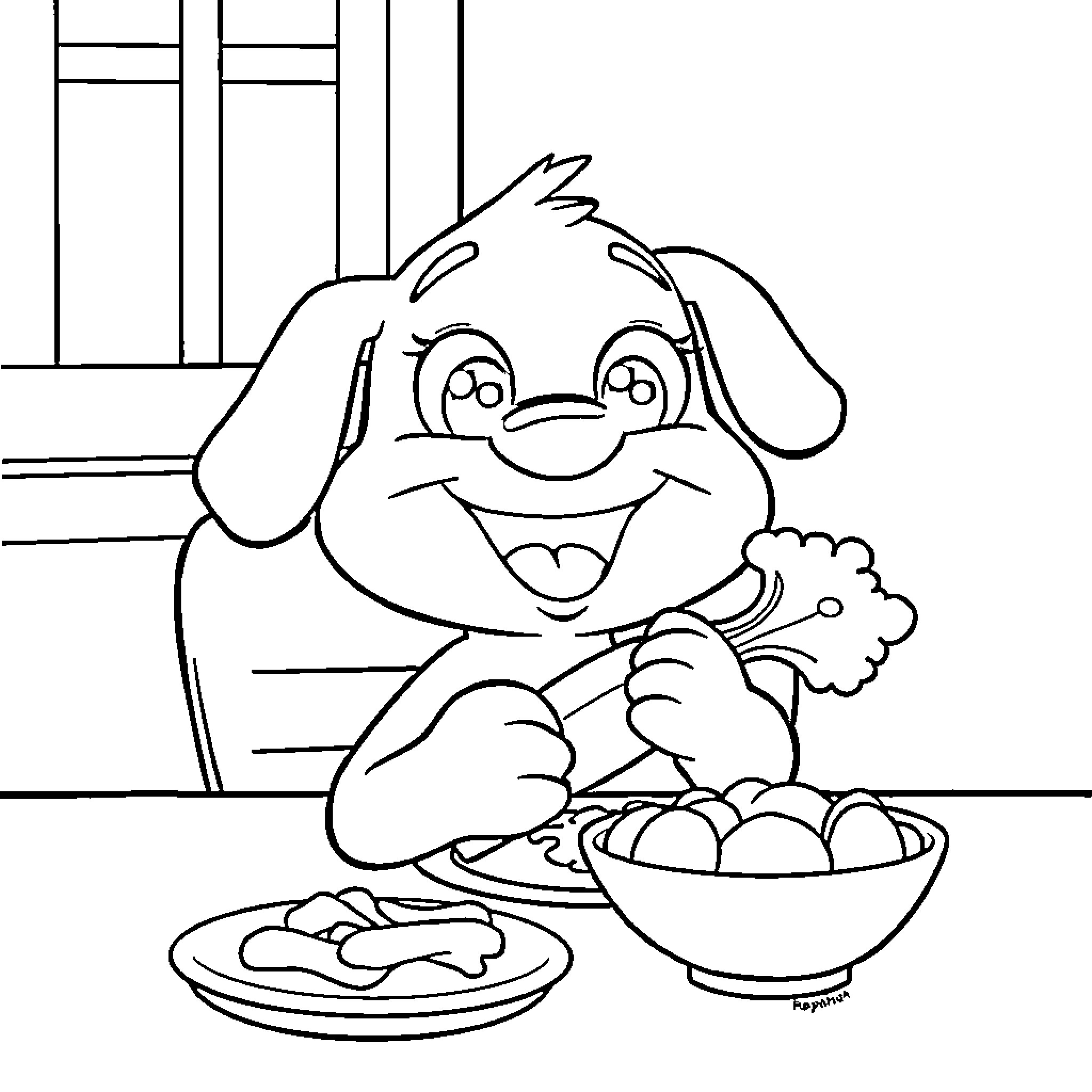 Bluey enjoying a meal at home Coloring Page (free black-and-white line drawing printable PDF for all, from beginners to advanced learners, including children, teens, adults, and seniors)