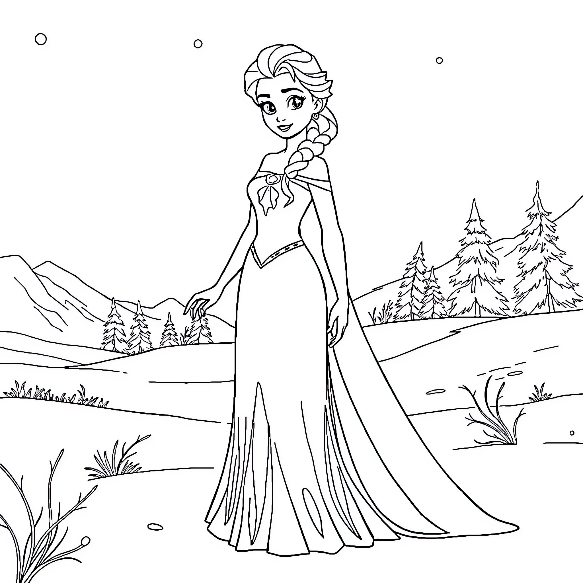 Elsa's Wintry Adventure Coloring Page (free black-and-white line drawing printable PDF for all, from beginners to advanced learners, including children, teens, adults, and seniors)