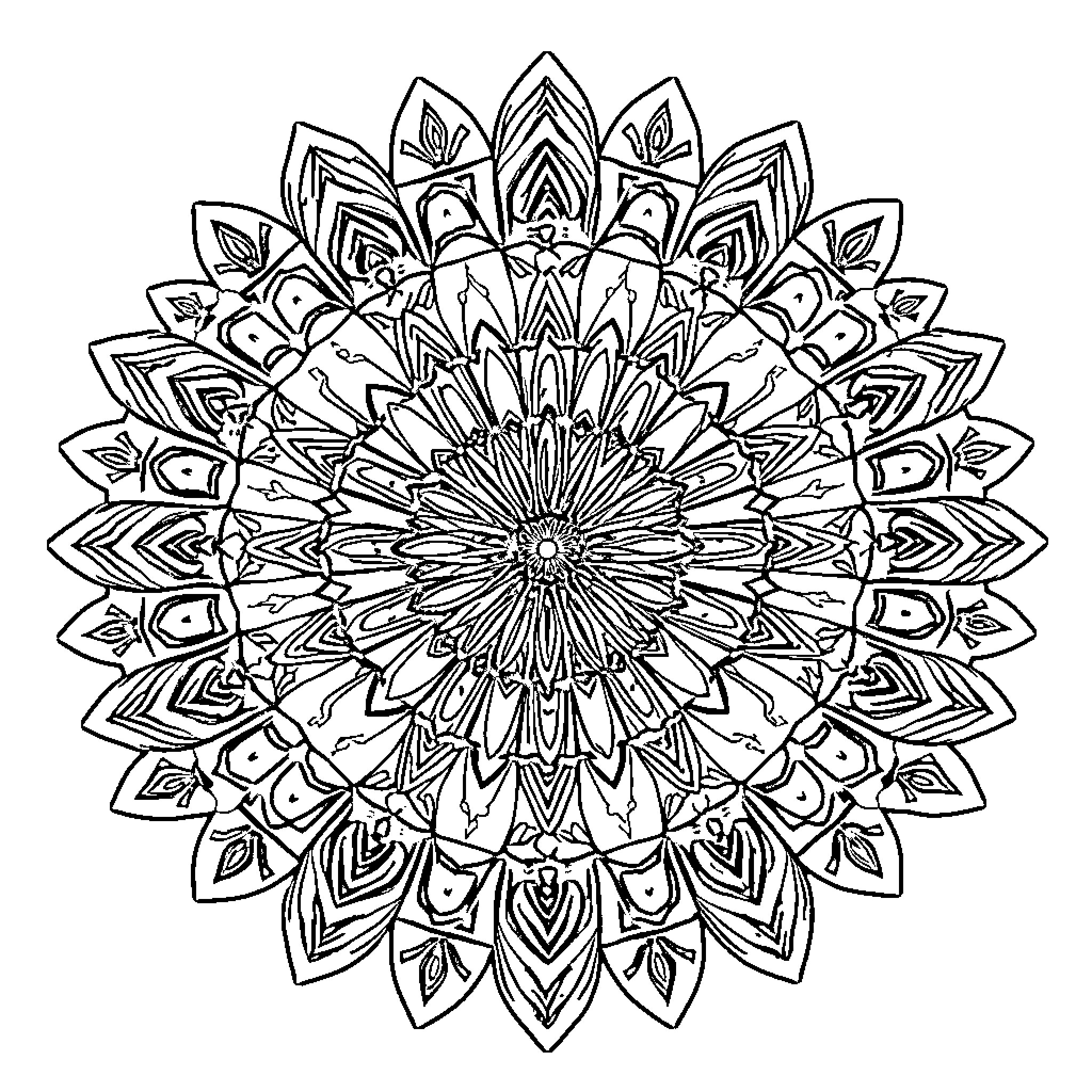 Mandala of intricate floral patterns and shapes Coloring Page (free black-and-white line drawing printable PDF for all, from beginners to advanced learners, including children, teens, adults, and seniors)
