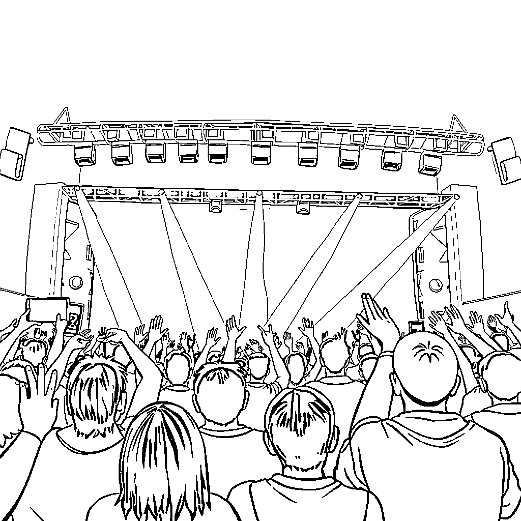 Kpop Fans Cheering at Energetic Concert Coloring Page (free black-and-white line drawing printable PDF for all, from beginners to advanced learners, including children, teens, adults, and seniors)