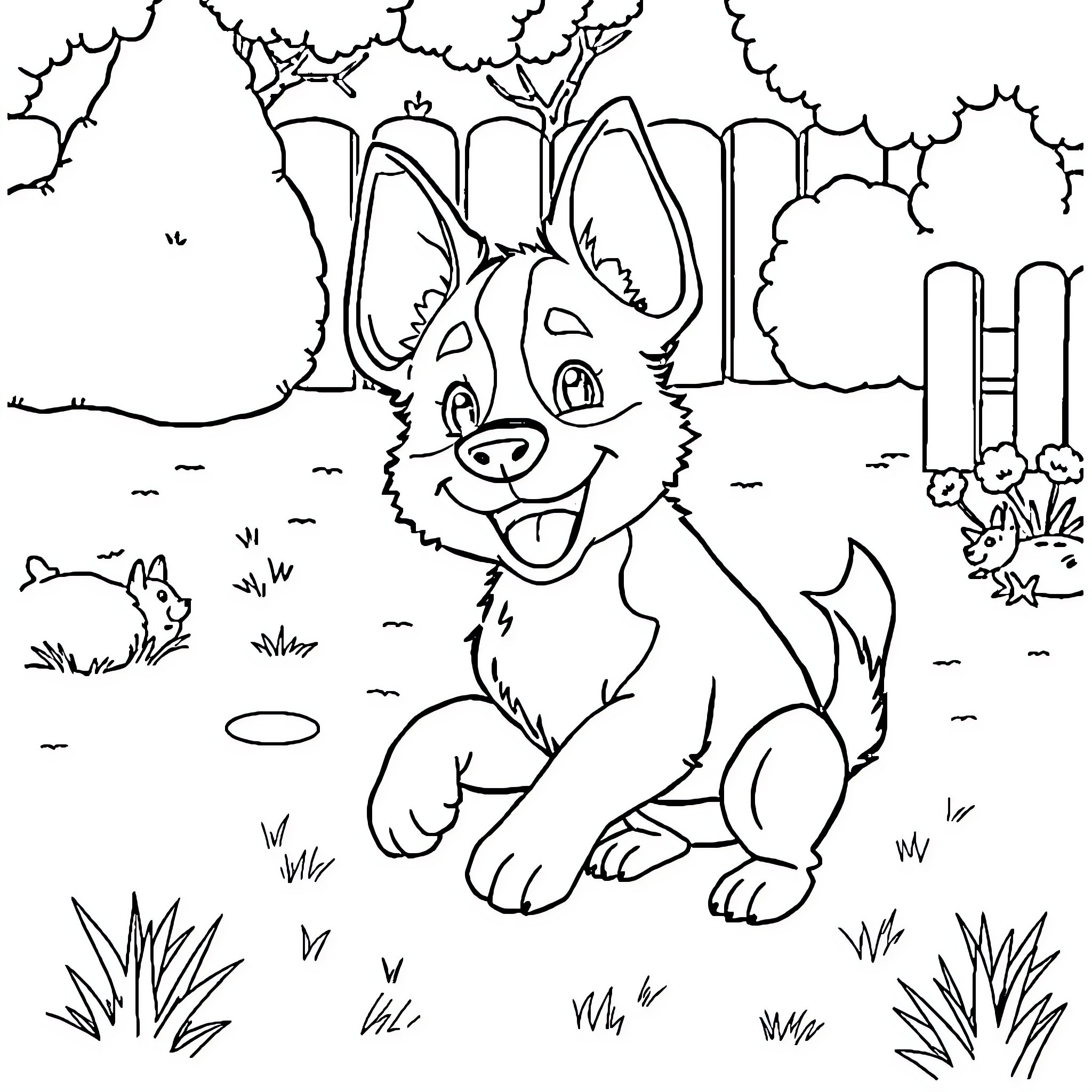 Bluey playing happily in the backyard Coloring Page (free black-and-white line drawing printable PDF for all, from beginners to advanced learners, including children, teens, adults, and seniors)