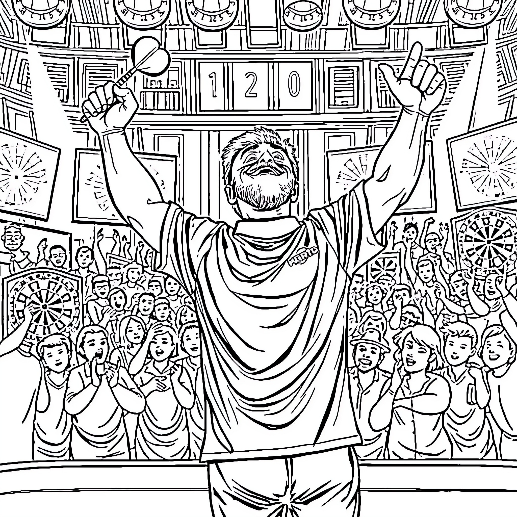 Dart Player Celebrating Victory Before Cheering Crowd Coloring Page (free black-and-white line drawing printable PDF for all, from beginners to advanced learners, including children, teens, adults, and seniors)