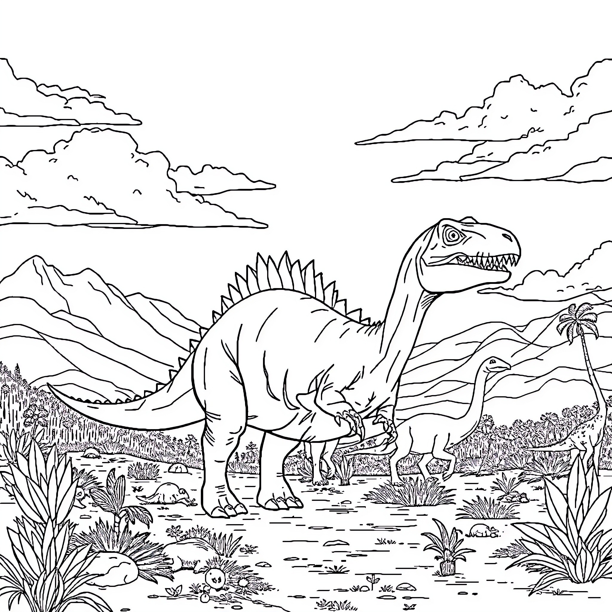 Dinosaur Family Exploring Prehistoric Landscape Coloring Page (free black-and-white line drawing printable PDF for all, from beginners to advanced learners, including children, teens, adults, and seniors)