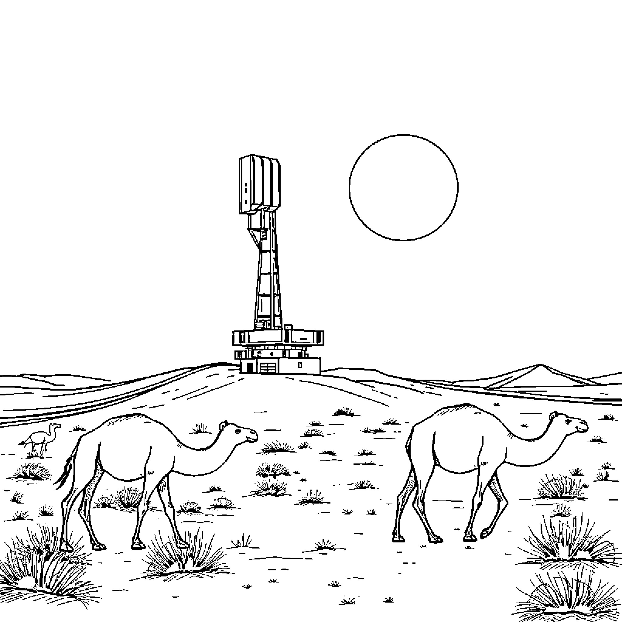 Radar station in remote desert landscape Coloring Page (free black-and-white line drawing printable PDF for all, from beginners to advanced learners, including children, teens, adults, and seniors)