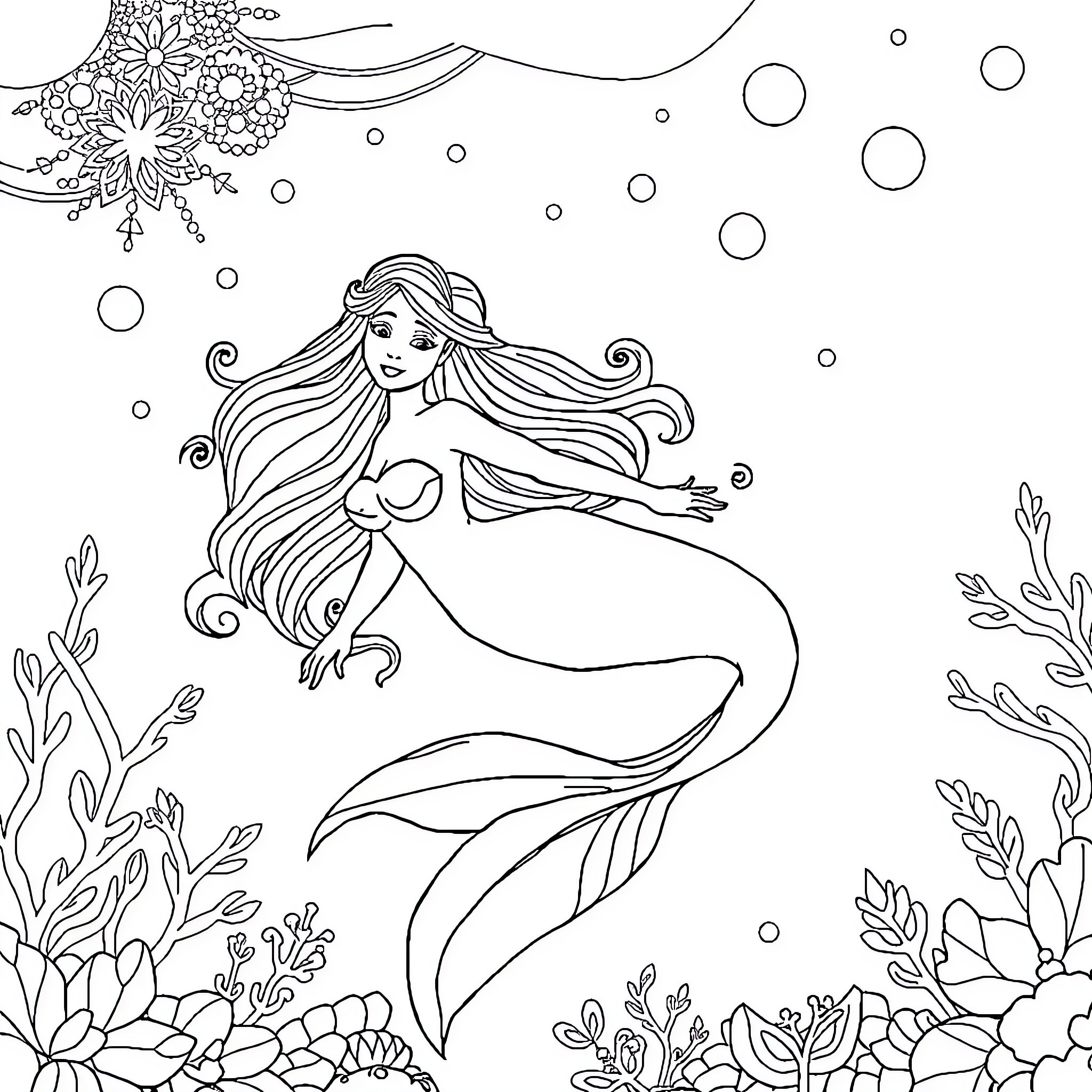 Mermaid swimming gracefully in the underwater garden Coloring Page (free black-and-white line drawing printable PDF for all, from beginners to advanced learners, including children, teens, adults, and seniors)
