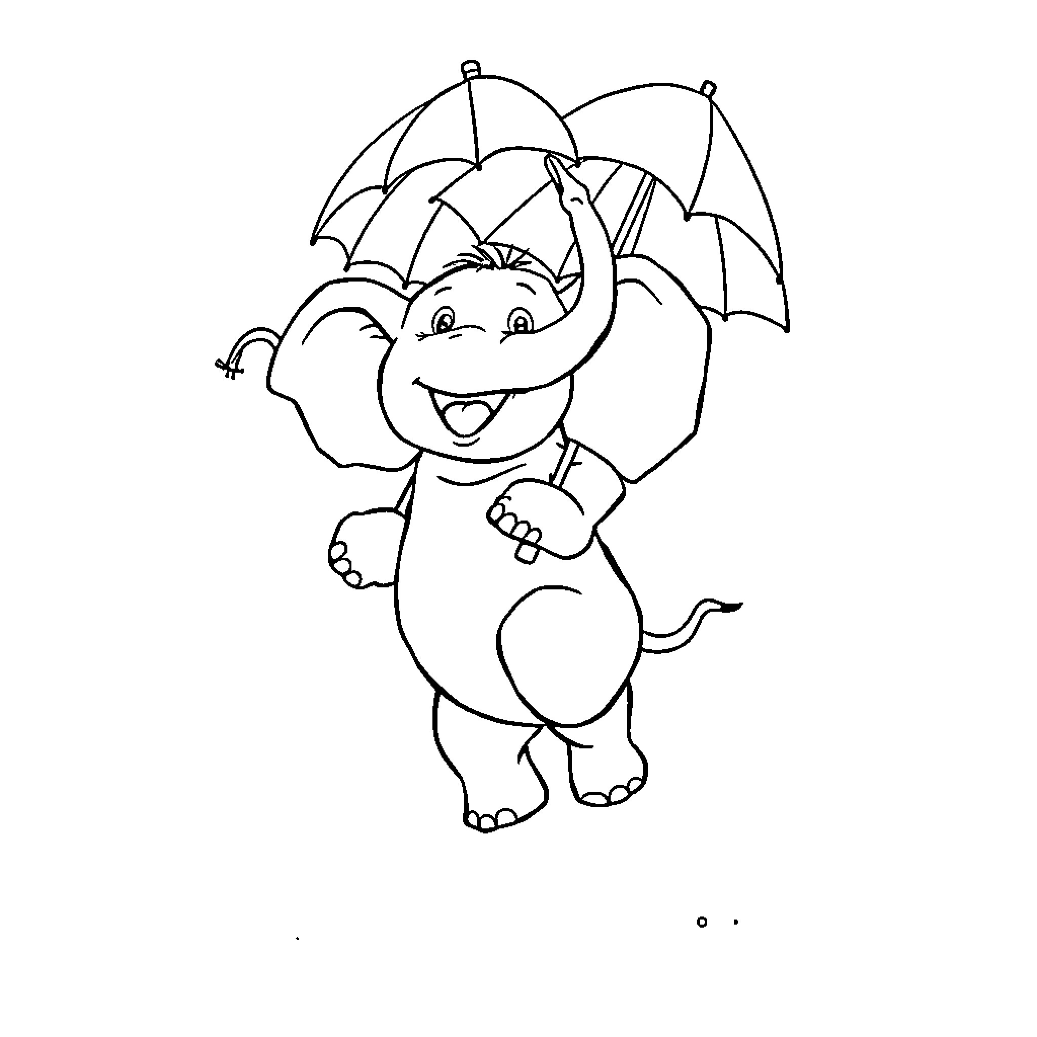Elephant with umbrellas happily walking Coloring Page (free black-and-white line drawing printable PDF for all, from beginners to advanced learners, including children, teens, adults, and seniors)