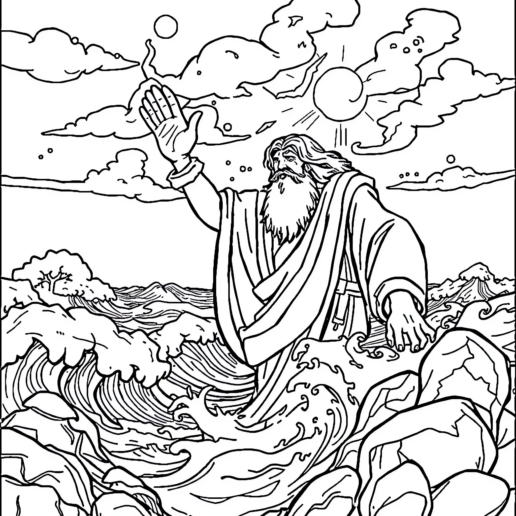 Moses Parting the Seas with Divine Power Coloring Page (free black-and-white line drawing printable PDF for all, from beginners to advanced learners, including children, teens, adults, and seniors)
