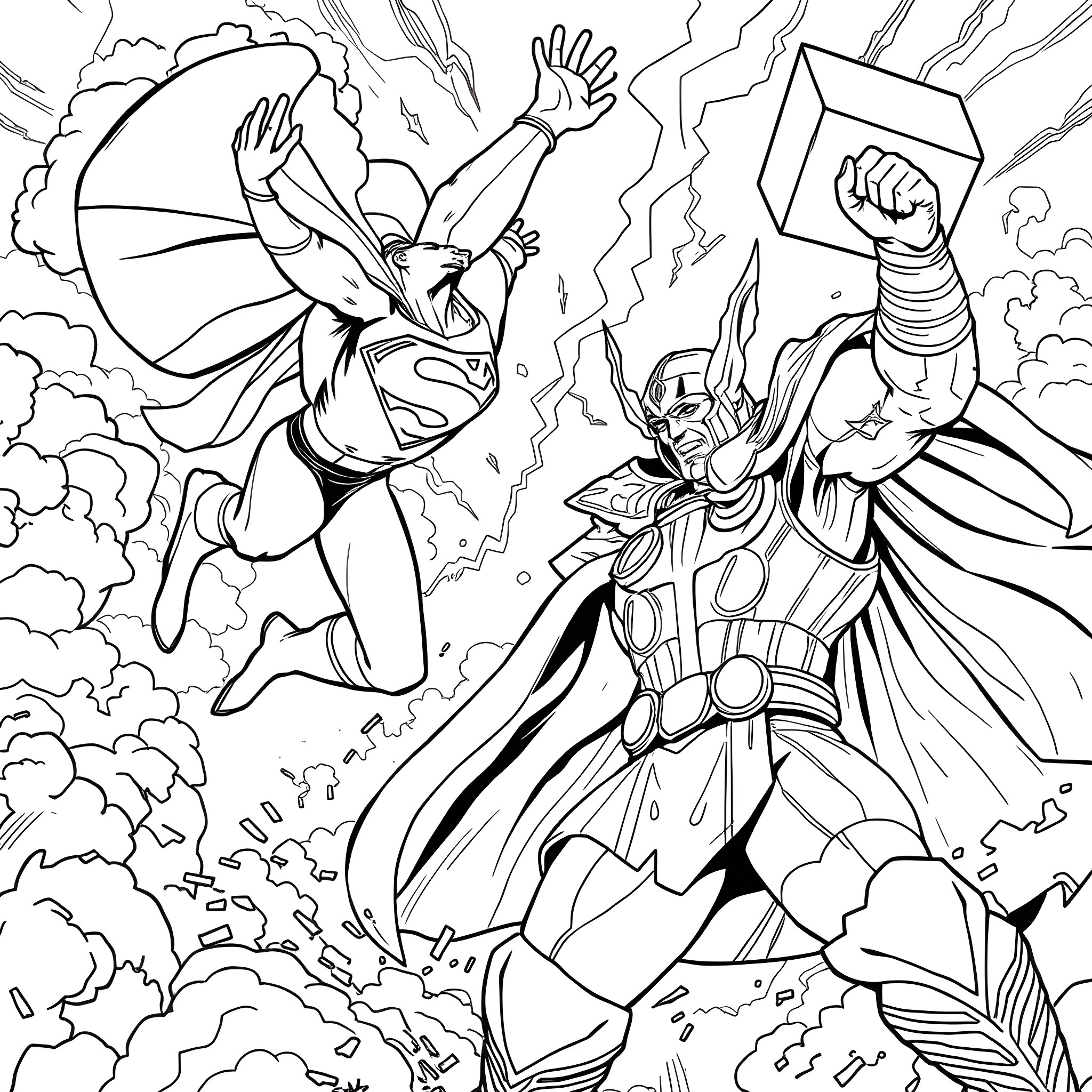 Superman and Thor battling in the sky Coloring Page (free black-and-white line drawing printable PDF for all, from beginners to advanced learners, including children, teens, adults, and seniors)