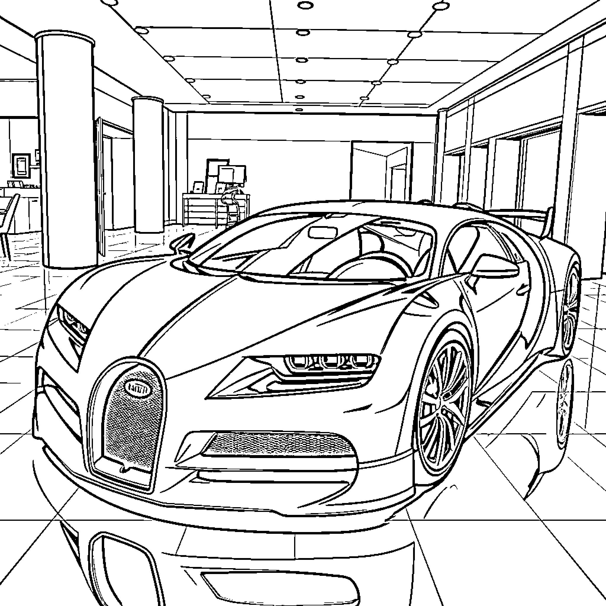Bugatti sports car in luxury showroom Coloring Page (free black-and-white line drawing printable PDF for all, from beginners to advanced learners, including children, teens, adults, and seniors)