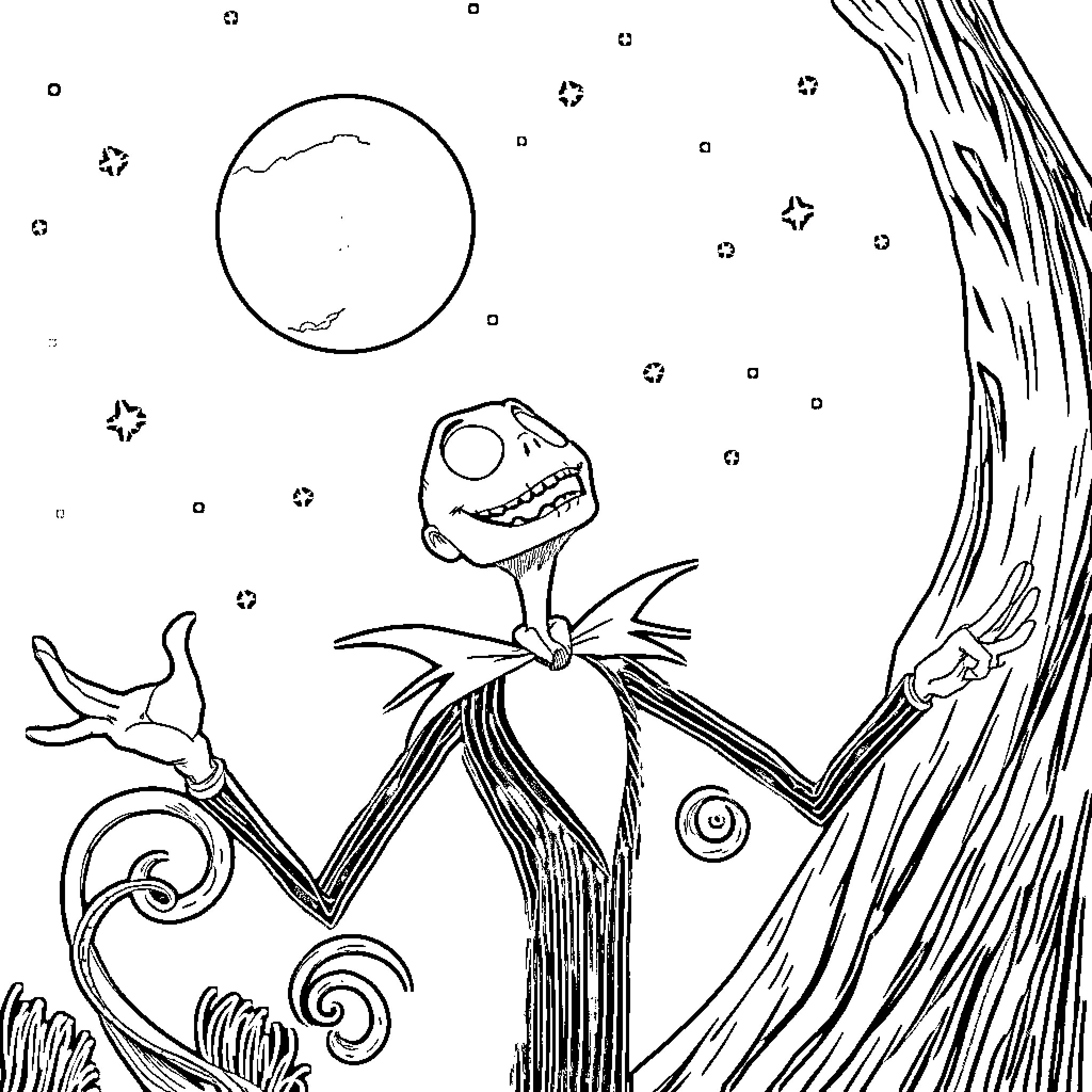 Jack's Whimsical Night Adventure Coloring Page (free black-and-white line drawing printable PDF for all, from beginners to advanced learners, including children, teens, adults, and seniors)