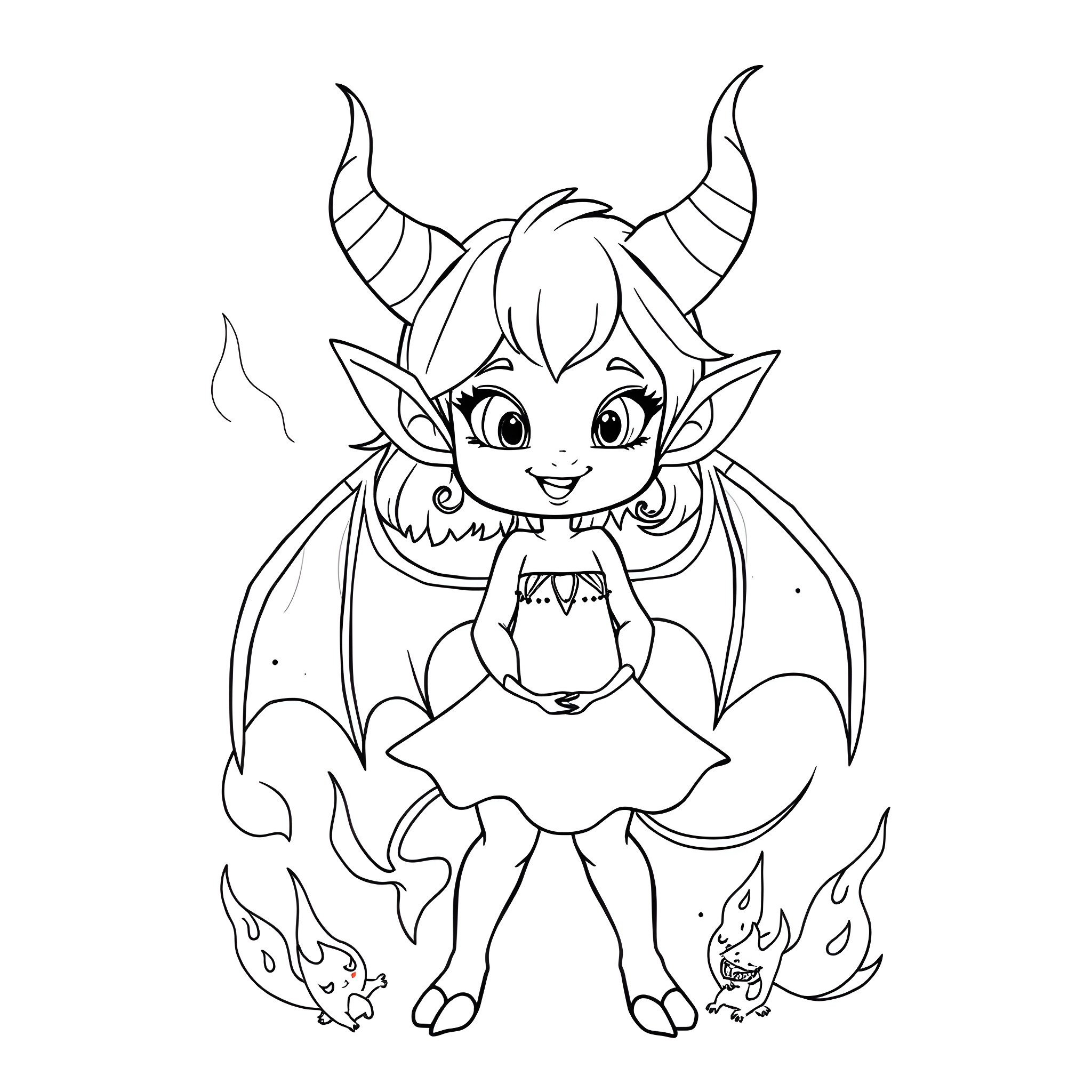 Devil Girl with Horns in Cute Outfit and Flames Coloring Page (free black-and-white line drawing printable PDF for all, from beginners to advanced learners, including children, teens, adults, and seniors)