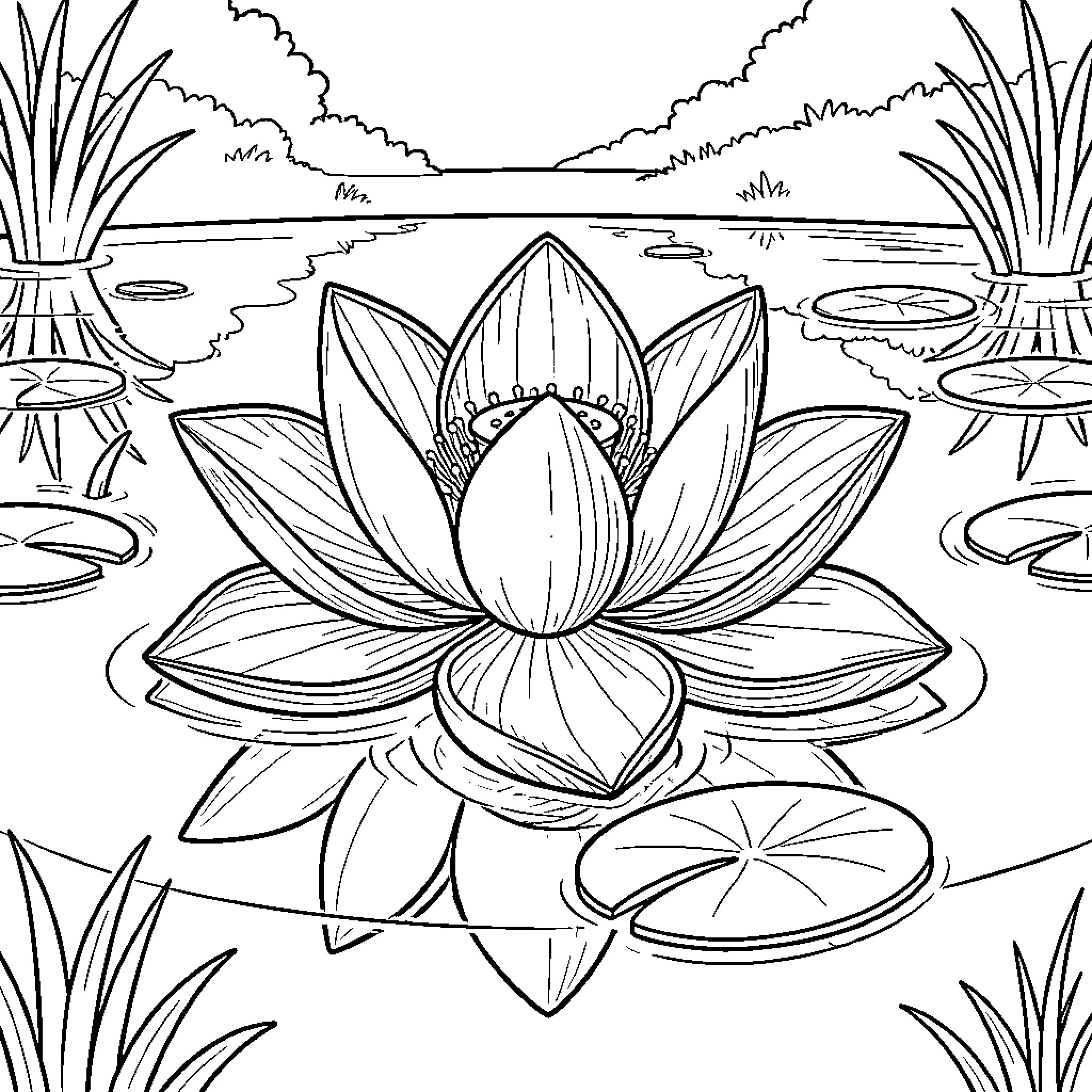 Lotus flower blooming peacefully on a quiet pond Coloring Page (free black-and-white line drawing printable PDF for all, from beginners to advanced learners, including children, teens, adults, and seniors)