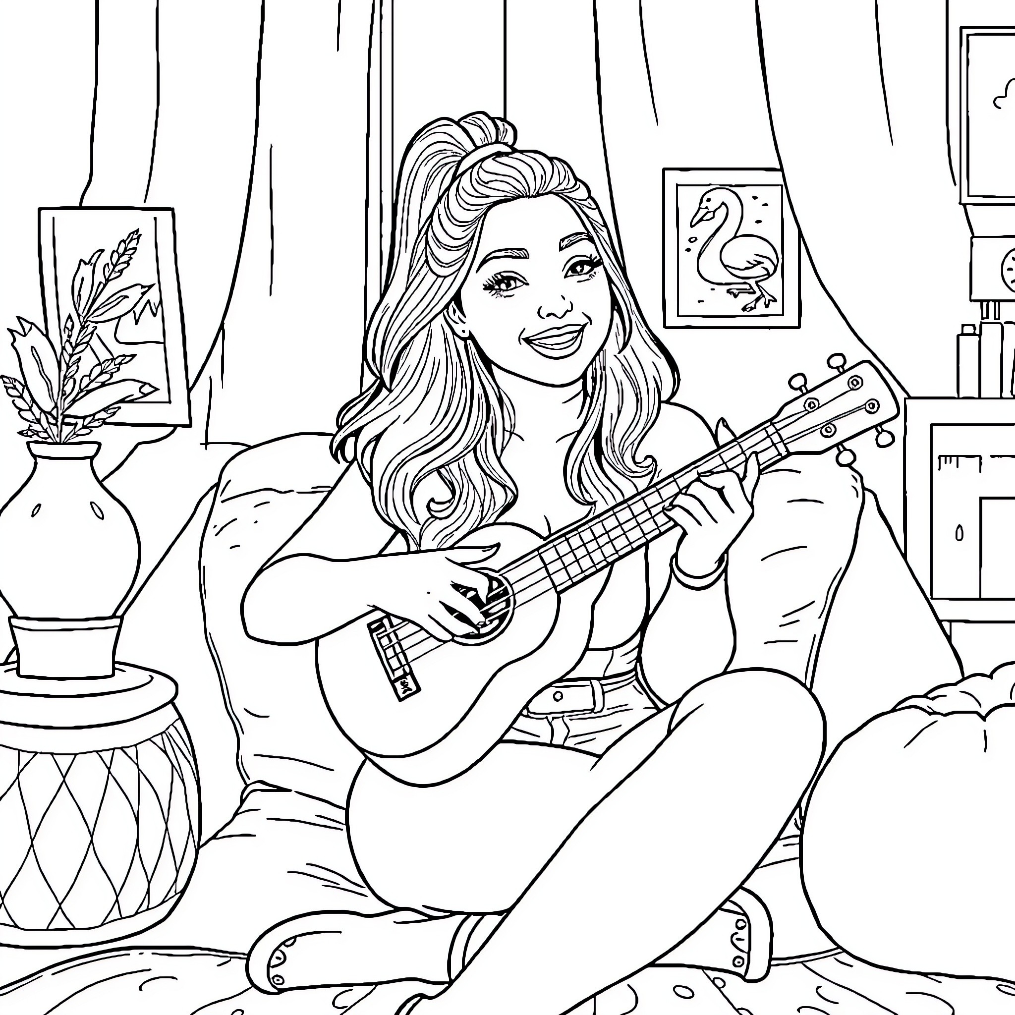 Ariana Grande enjoying music and art in her cozy home Coloring Page (free black-and-white line drawing printable PDF for all, from beginners to advanced learners, including children, teens, adults, and seniors)