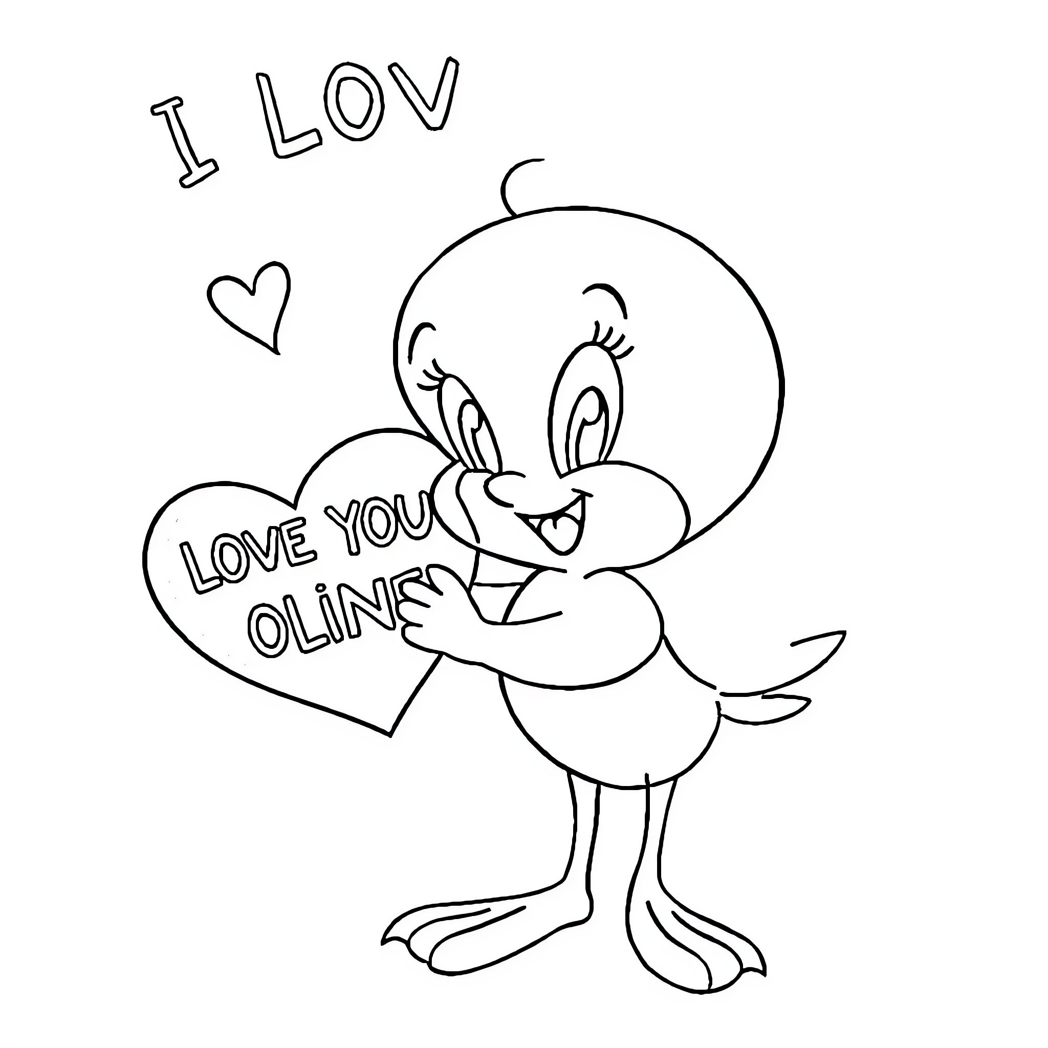 Tweety holding a heart-shaped message Coloring Page (free black-and-white line drawing printable PDF for all, from beginners to advanced learners, including children, teens, adults, and seniors)