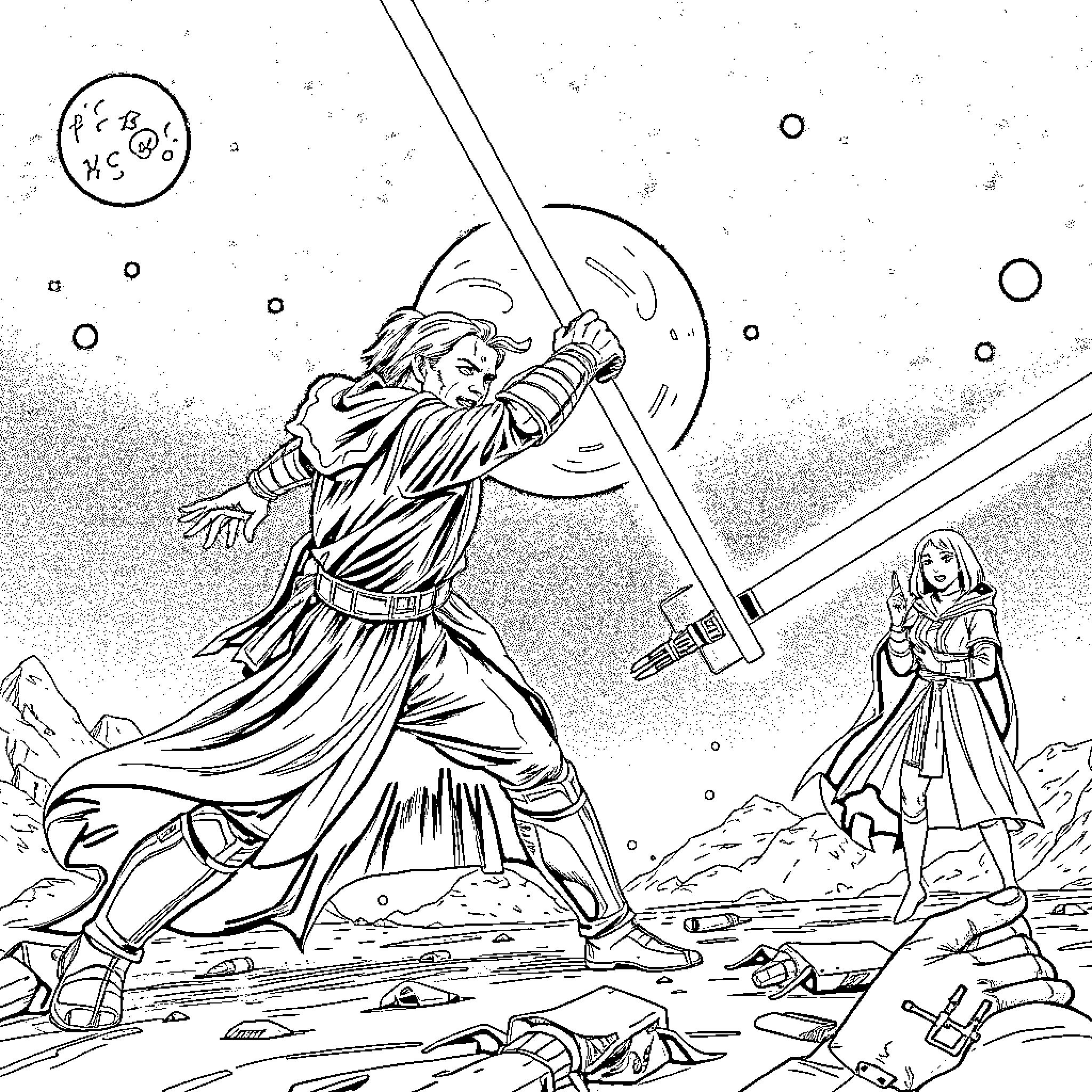 Cal Kestis battles amidst the chaos and destruction Coloring Page (free black-and-white line drawing printable PDF for all, from beginners to advanced learners, including children, teens, adults, and seniors)