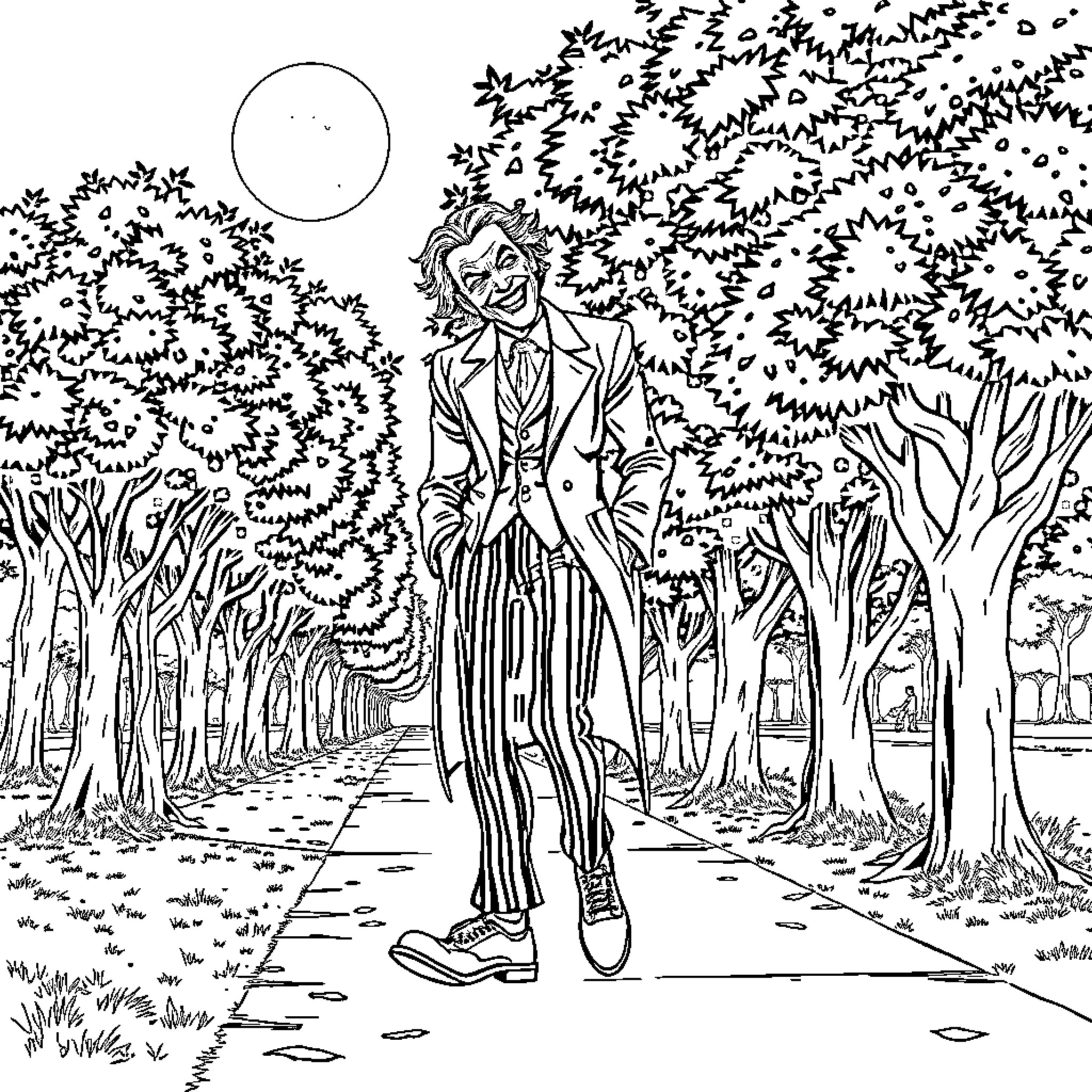 Joker's Sinister Stroll Through Surreal Woodland Coloring Page (free black-and-white line drawing printable PDF for all, from beginners to advanced learners, including children, teens, adults, and seniors)