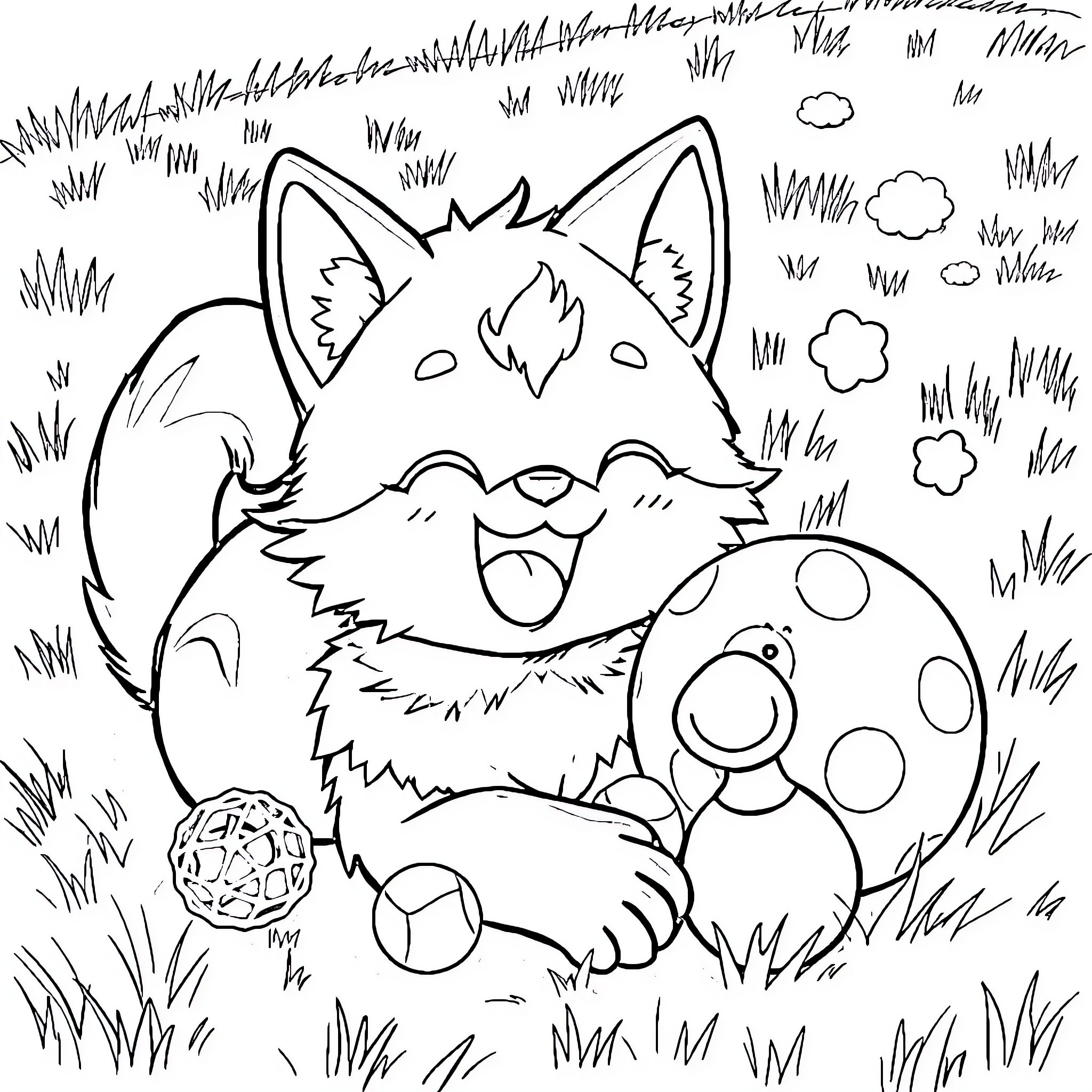 Kuromi playing joyfully in the meadow Coloring Page (free black-and-white line drawing printable PDF for all, from beginners to advanced learners, including children, teens, adults, and seniors)