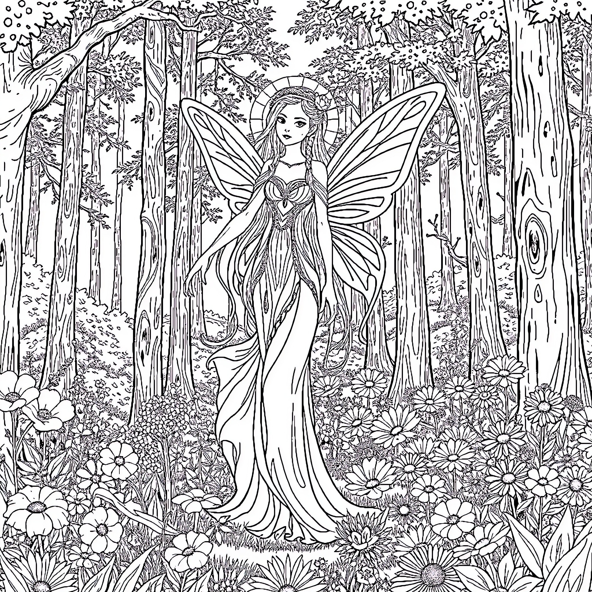 Fairy in a Whimsical Forest Wonderland Coloring Page (free black-and-white line drawing printable PDF for all, from beginners to advanced learners, including children, teens, adults, and seniors)