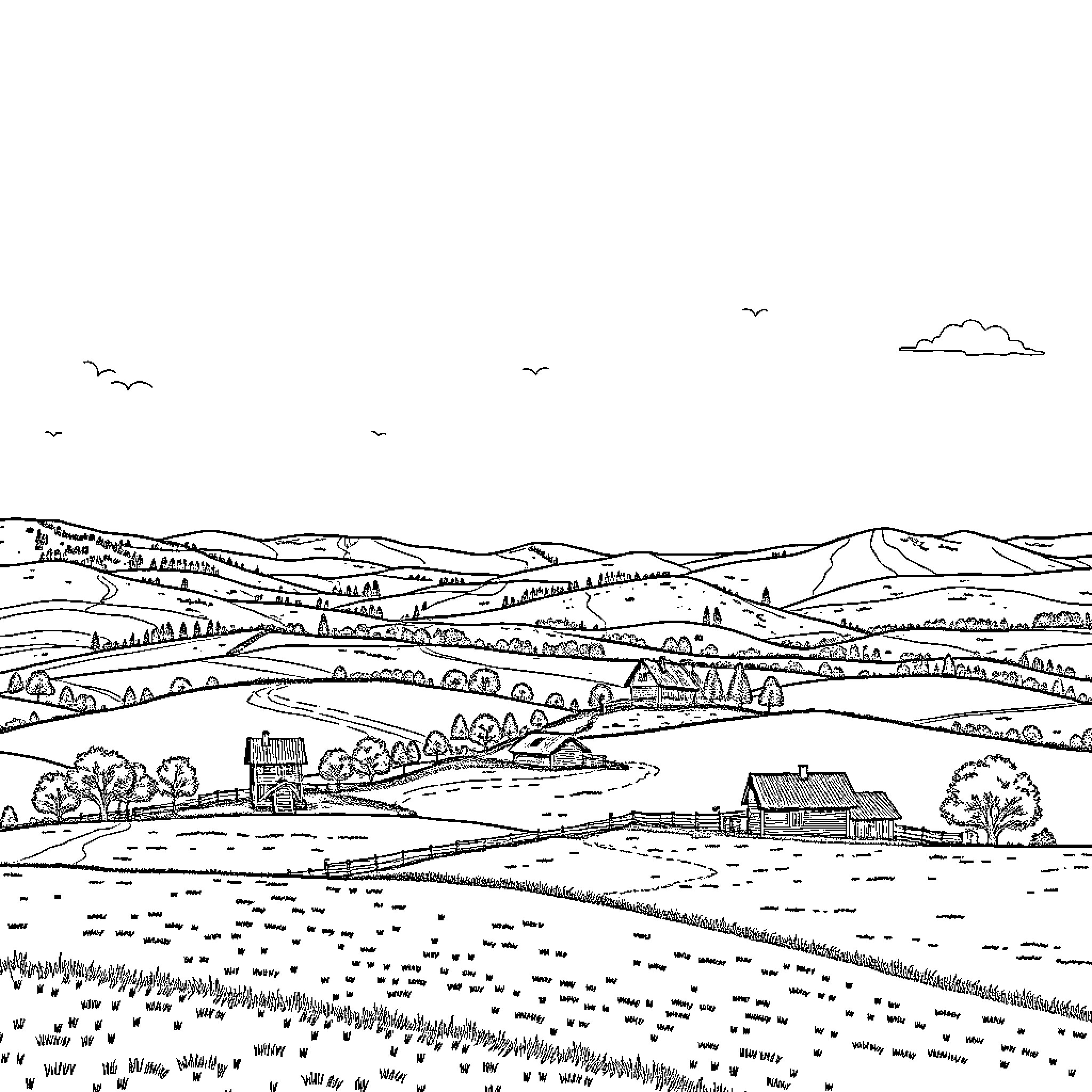 Landscape of rolling hills, farmland, and rural scenery Coloring Page (free black-and-white line drawing printable PDF for all, from beginners to advanced learners, including children, teens, adults, and seniors)