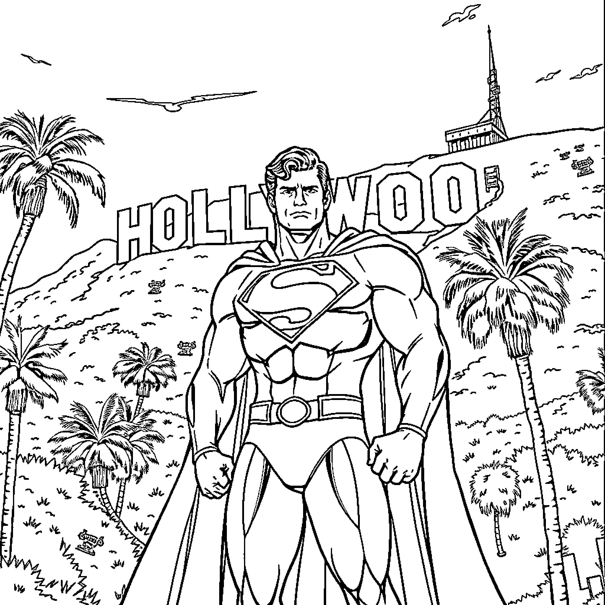 Superman heroically stands in Hollywood Coloring Page (free black-and-white line drawing printable PDF for all, from beginners to advanced learners, including children, teens, adults, and seniors)