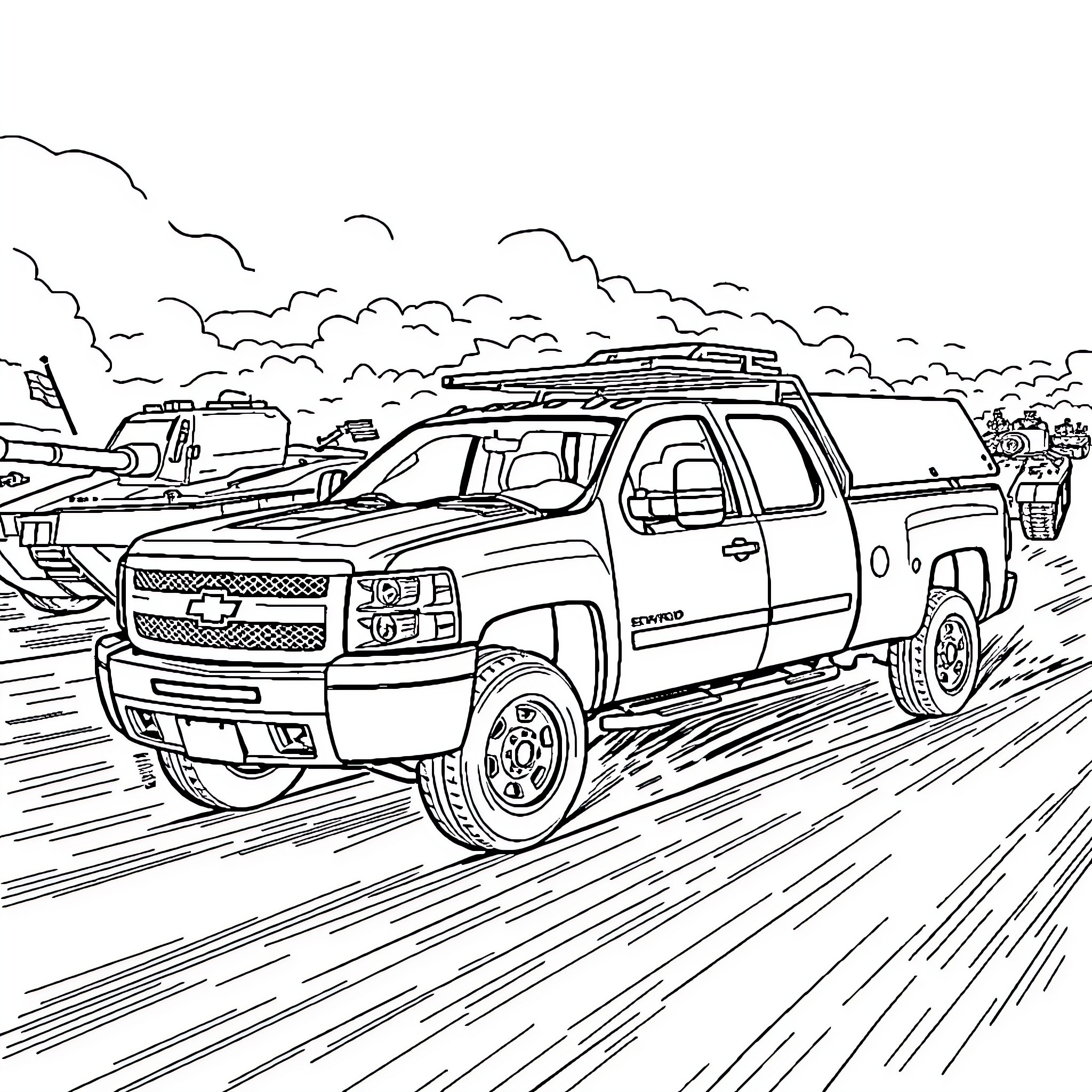 Silverado truck speeding through the countryside Coloring Page (free black-and-white line drawing printable PDF for all, from beginners to advanced learners, including children, teens, adults, and seniors)