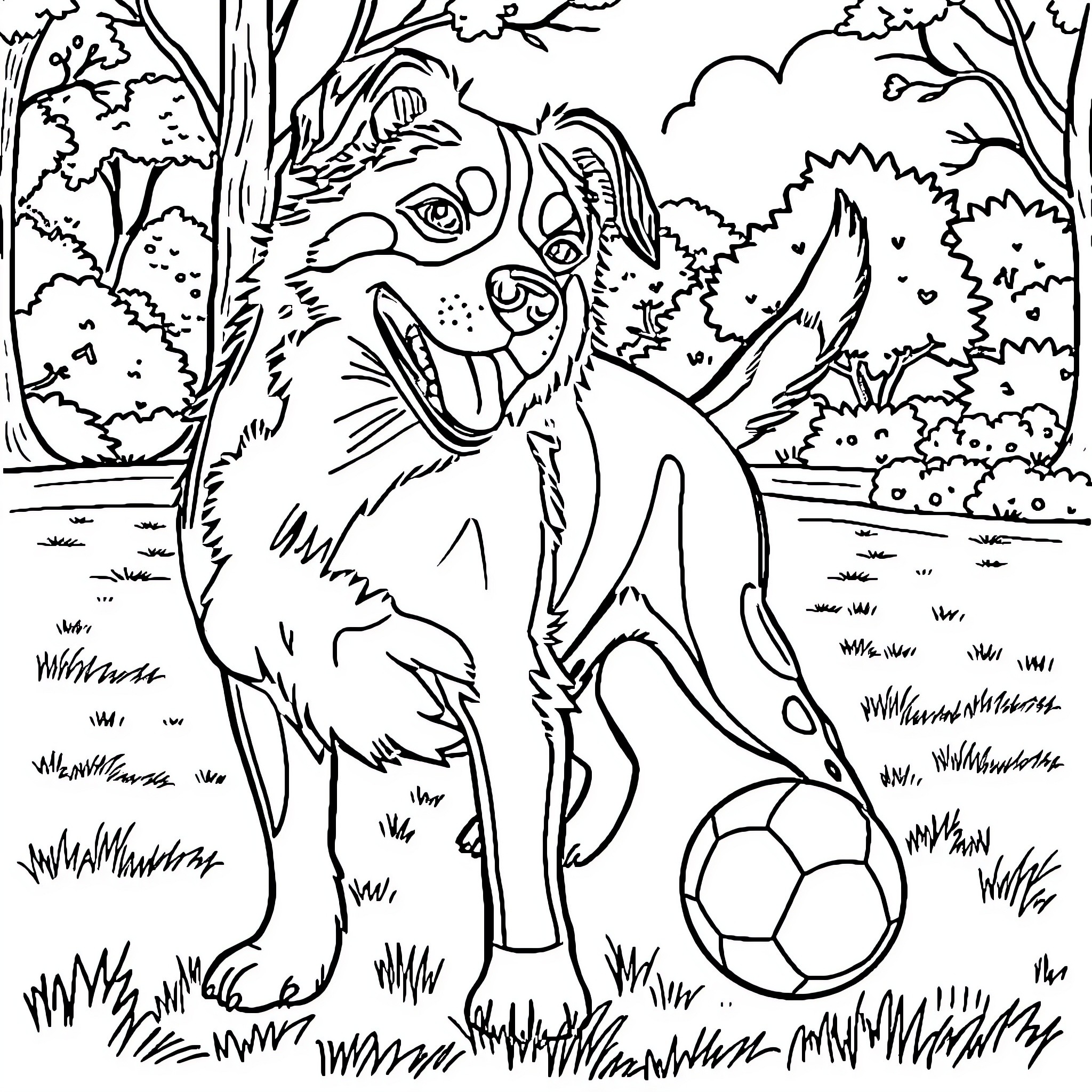 Dog playing with soccer ball in the forest Coloring Page (free black-and-white line drawing printable PDF for all, from beginners to advanced learners, including children, teens, adults, and seniors)