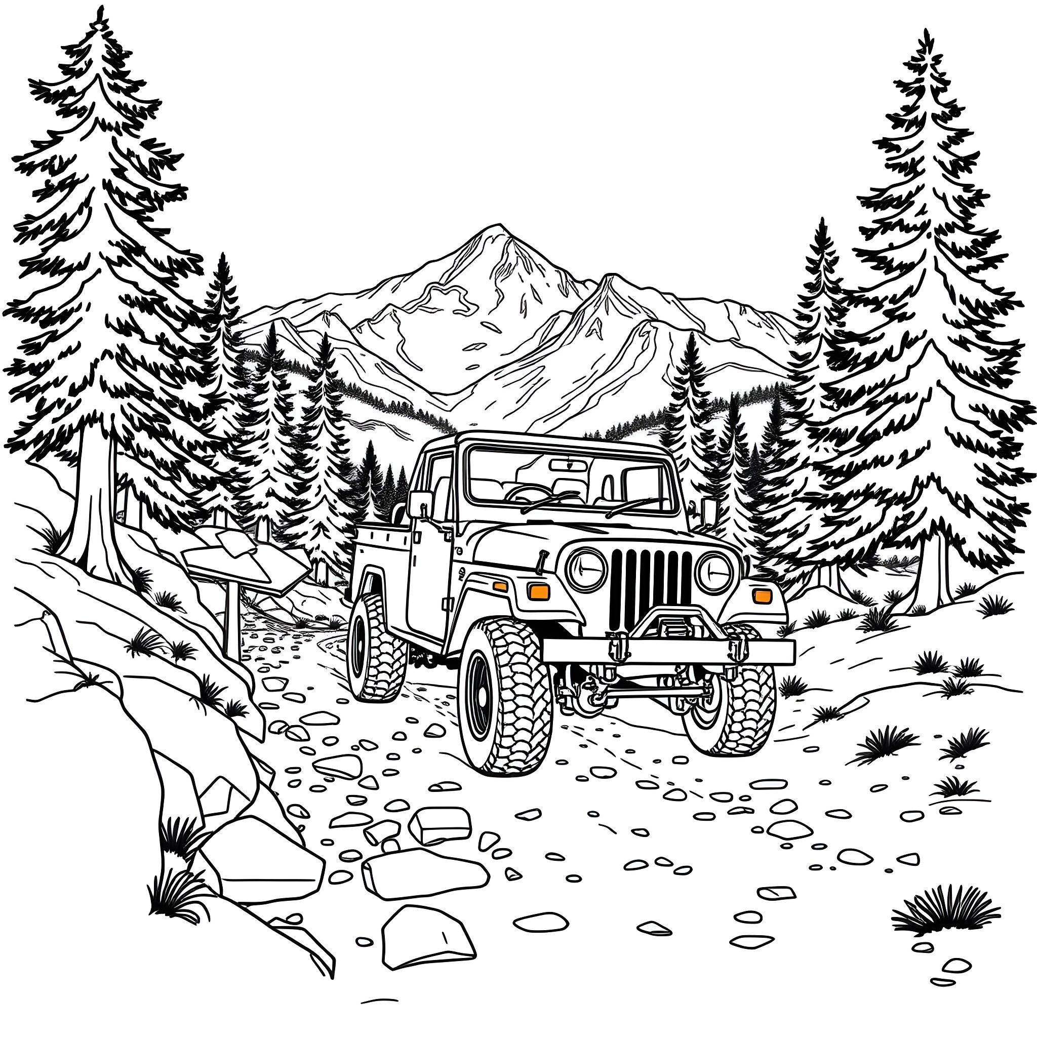 4x4 off-road adventure in rugged mountains Coloring Page (free black-and-white line drawing printable PDF for all, from beginners to advanced learners, including children, teens, adults, and seniors)
