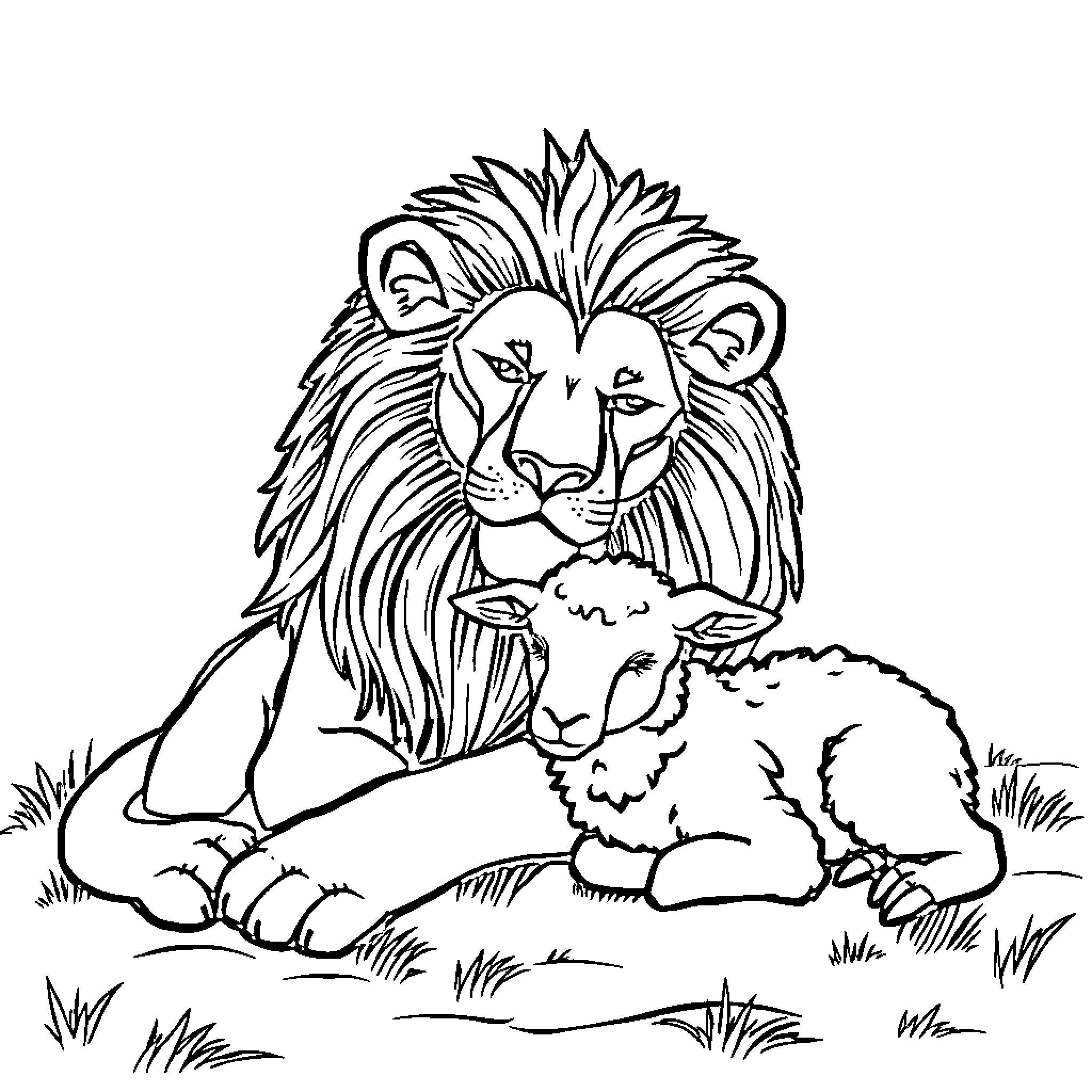 Lion and Lamb resting together in peaceful surroundings Coloring Page (free black-and-white line drawing printable PDF for all, from beginners to advanced learners, including children, teens, adults, and seniors)