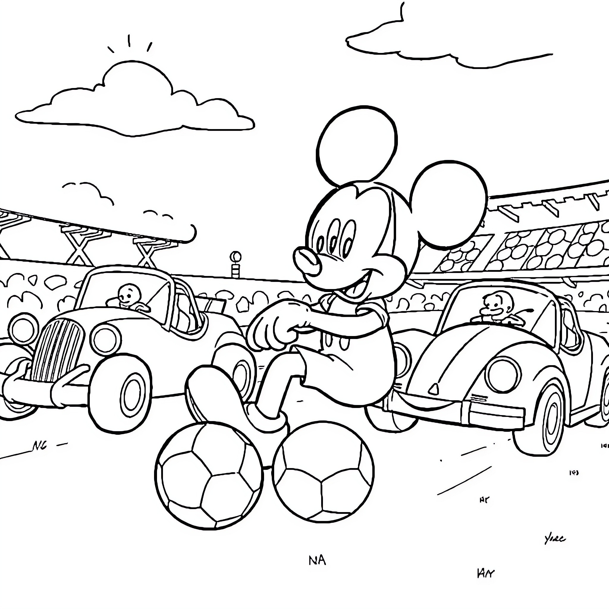 Mickey playing soccer in a cartoon stadium Coloring Page (free black-and-white line drawing printable PDF for all, from beginners to advanced learners, including children, teens, adults, and seniors)