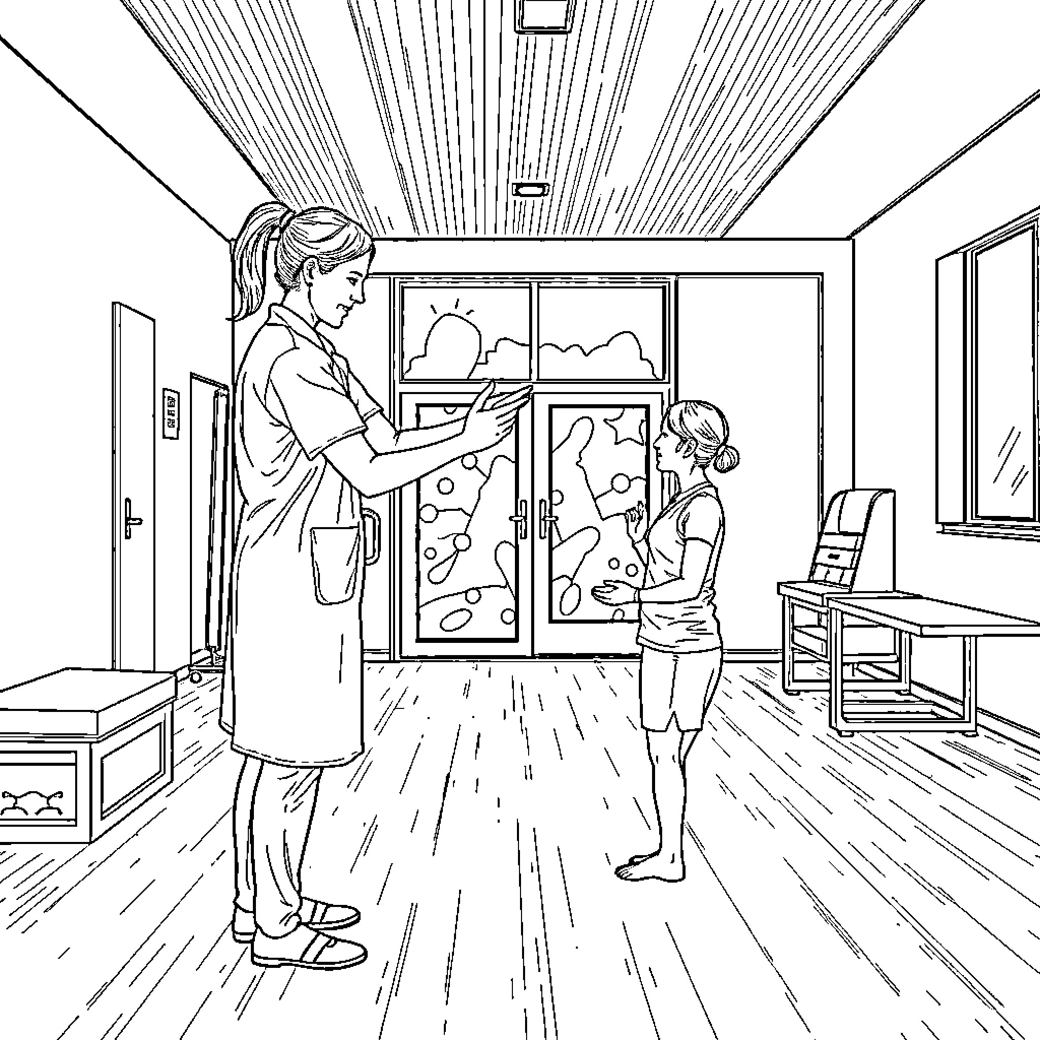 Physiotherapist assisting patient in rehabilitation exercise Coloring Page (free black-and-white line drawing printable PDF for all, from beginners to advanced learners, including children, teens, adults, and seniors)