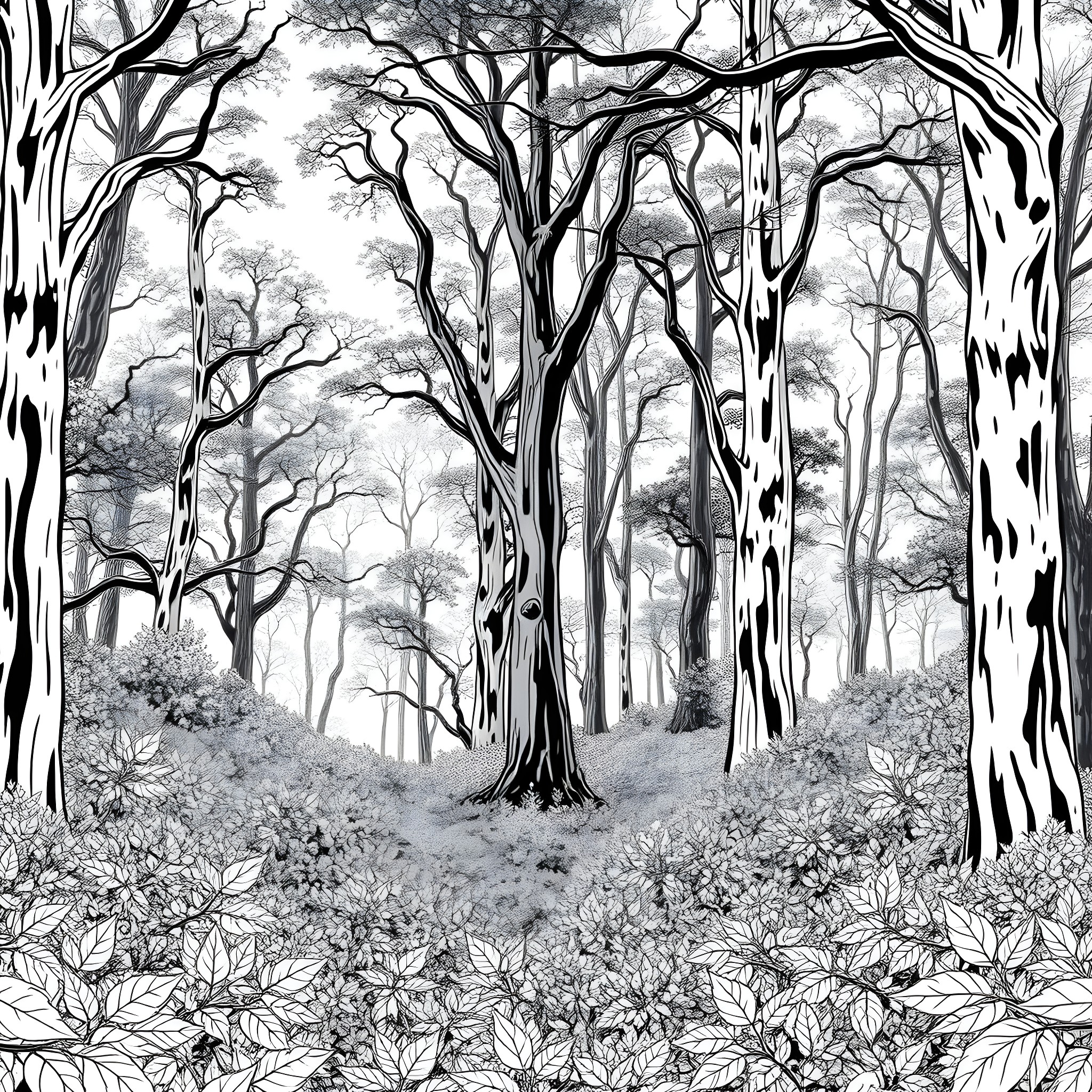 Forest with Intricate Tree Branches and Foliage Coloring Page (free black-and-white line drawing printable PDF for all, from beginners to advanced learners, including children, teens, adults, and seniors)