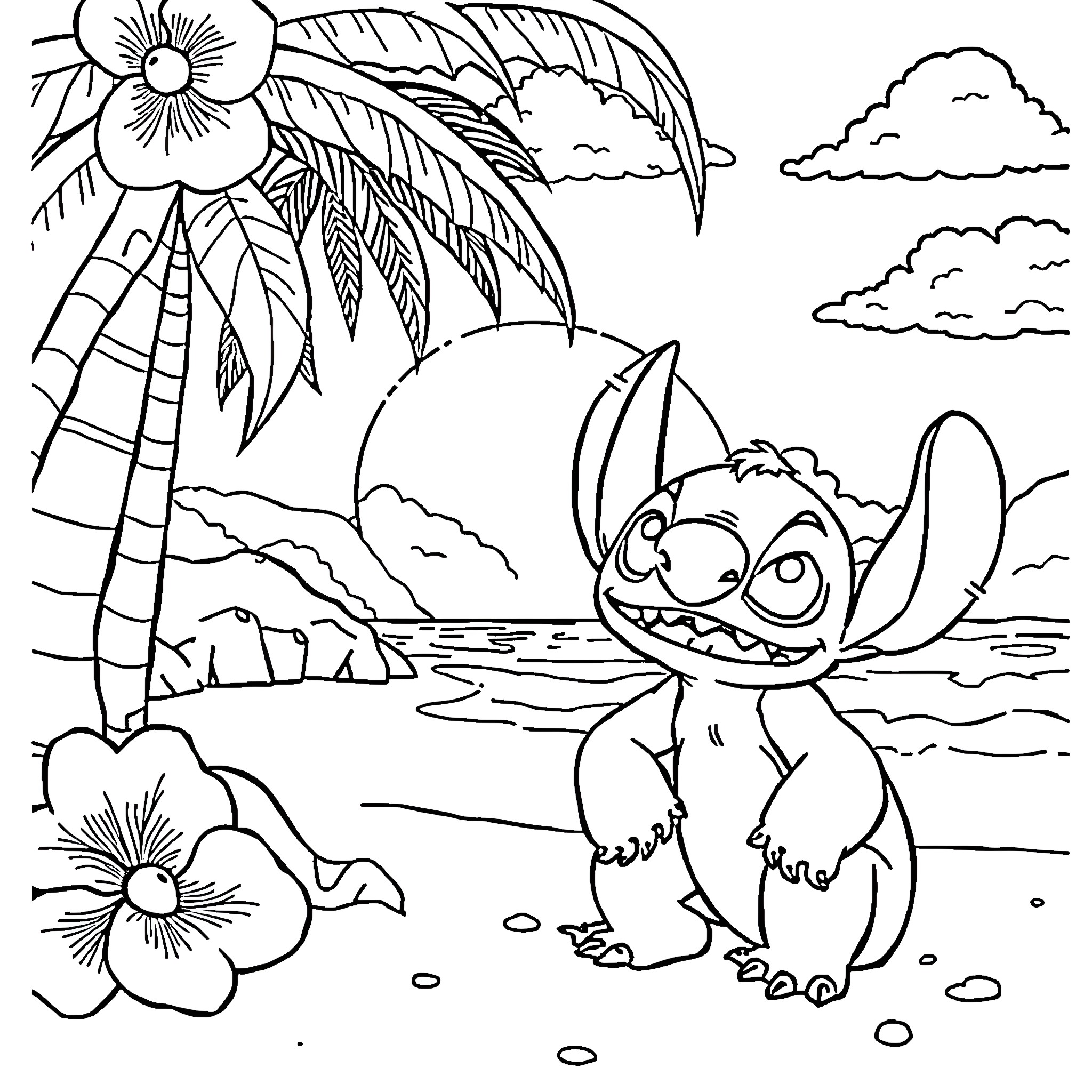 Lilo exploring a tropical beach paradise Coloring Page (free black-and-white line drawing printable PDF for all, from beginners to advanced learners, including children, teens, adults, and seniors)