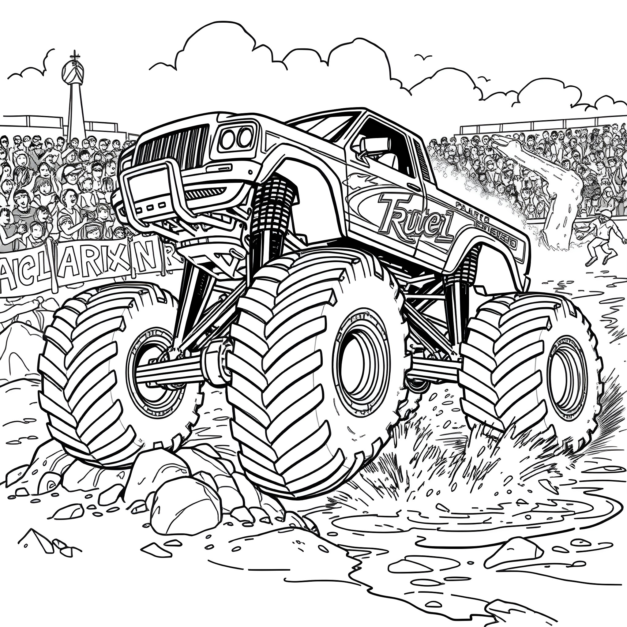 Monster Truck Crushing and Jumping Over Obstacles Coloring Page (free black-and-white line drawing printable PDF for all, from beginners to advanced learners, including children, teens, adults, and seniors)
