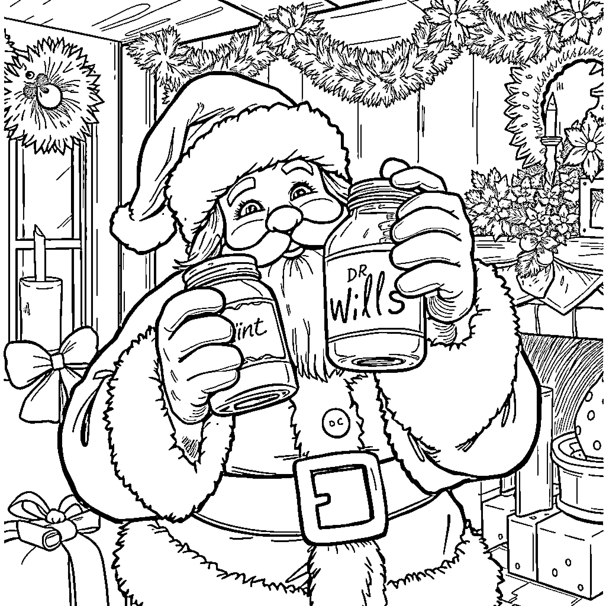 Santa Holding a Jar of Dr. Wills in a Festive Room Coloring Page (free black-and-white line drawing printable PDF for all, from beginners to advanced learners, including children, teens, adults, and seniors)